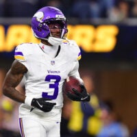 Oct 23, 2025; Inglewood, California, USA; Minnesota Vikings wide receiver Jordan Addison (3) reacts after making a touchdown during the second half at SoFi Stadium.