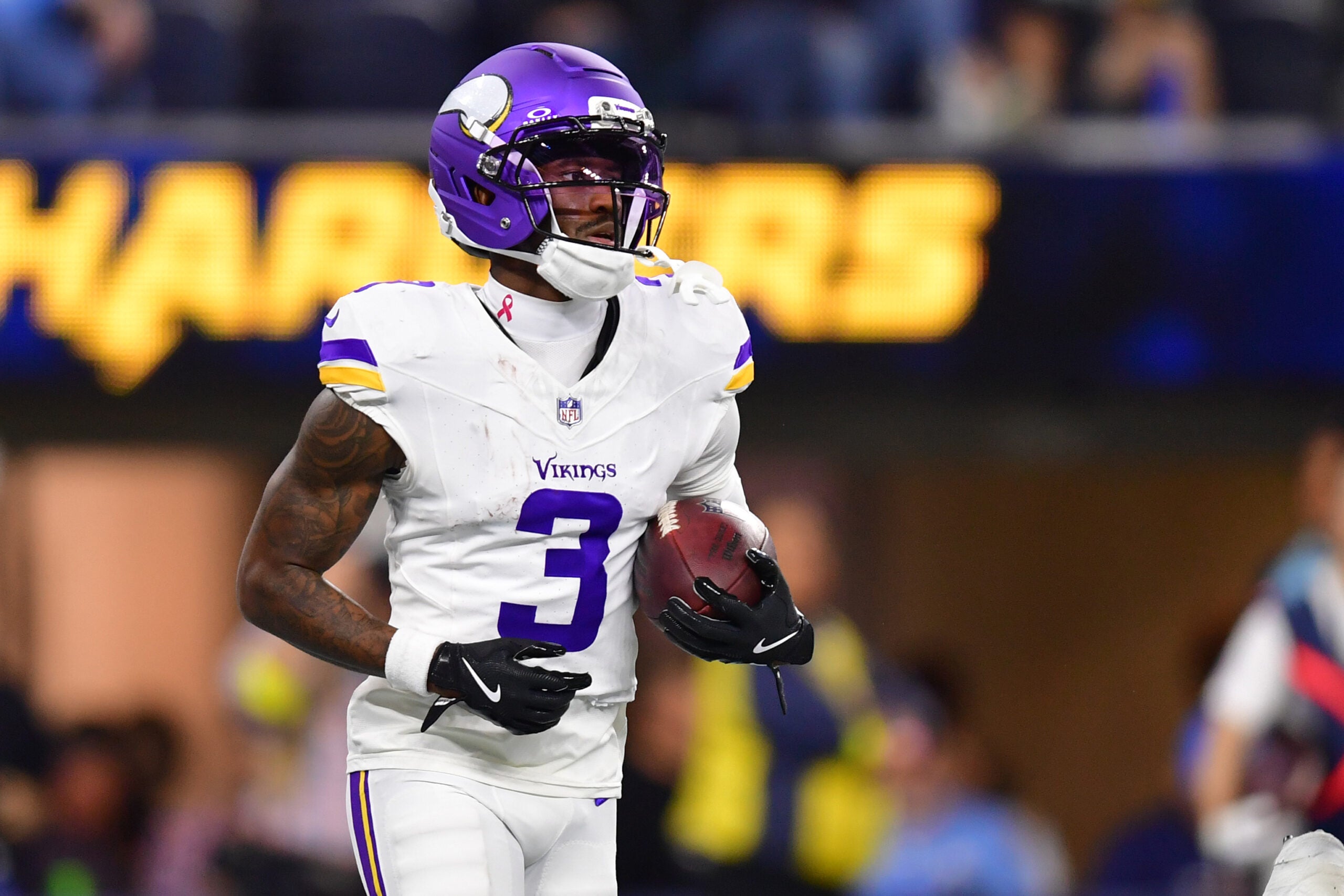 Oct 23, 2025; Inglewood, California, USA; Minnesota Vikings wide receiver Jordan Addison (3) reacts after making a touchdown during the second half at SoFi Stadium.