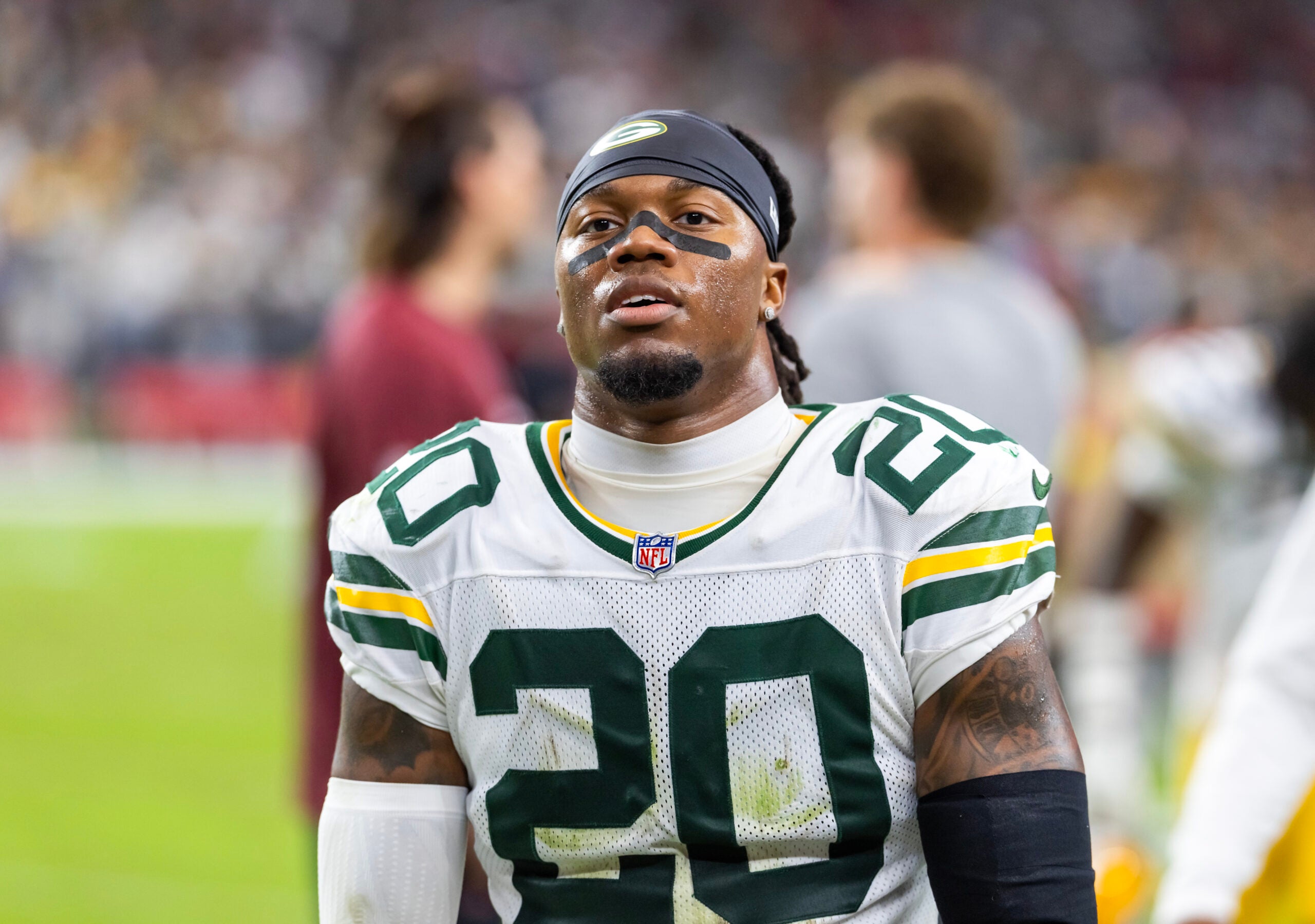 Oct 19, 2025; Glendale, Arizona, USA; Green Bay Packers safety Javon Bullard (20) against the Arizona Cardinals at State Farm Stadium.