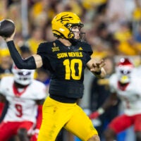 Oct 25, 2025; Tempe, Arizona, USA; Arizona State Sun Devils quarterback Sam Leavitt (10) against the Houston Cougars in the second half at Mountain America Stadium. Mandatory Credit: Mark J. Rebilas-Imagn Images