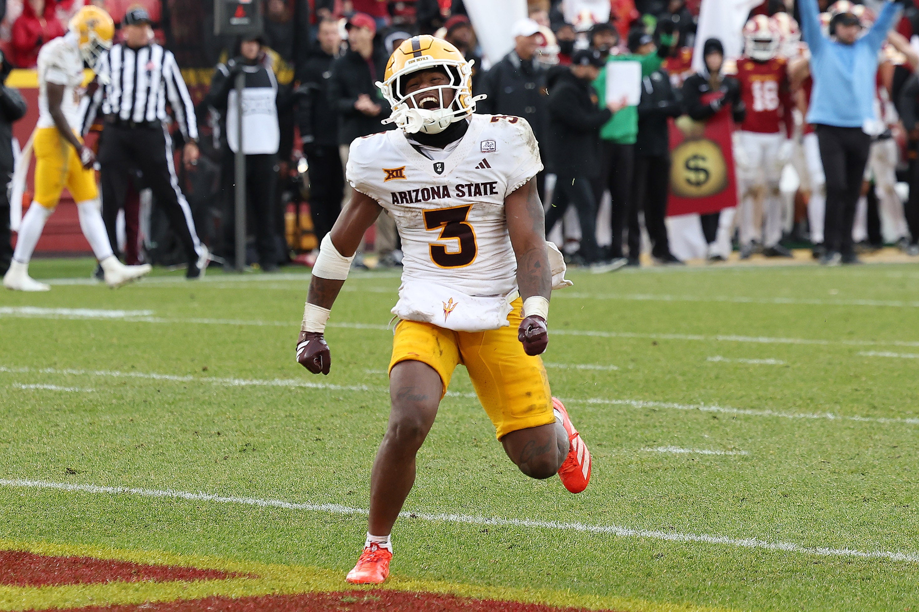 Nov 1, 2025; Ames, Iowa, USA; Arizona State Sun Devils running back Raleek Brown (3) celebrates during their game with the Iowa State Cyclones at Jack Trice Stadium. Mandatory Credit: Reese Strickland-Imagn Images