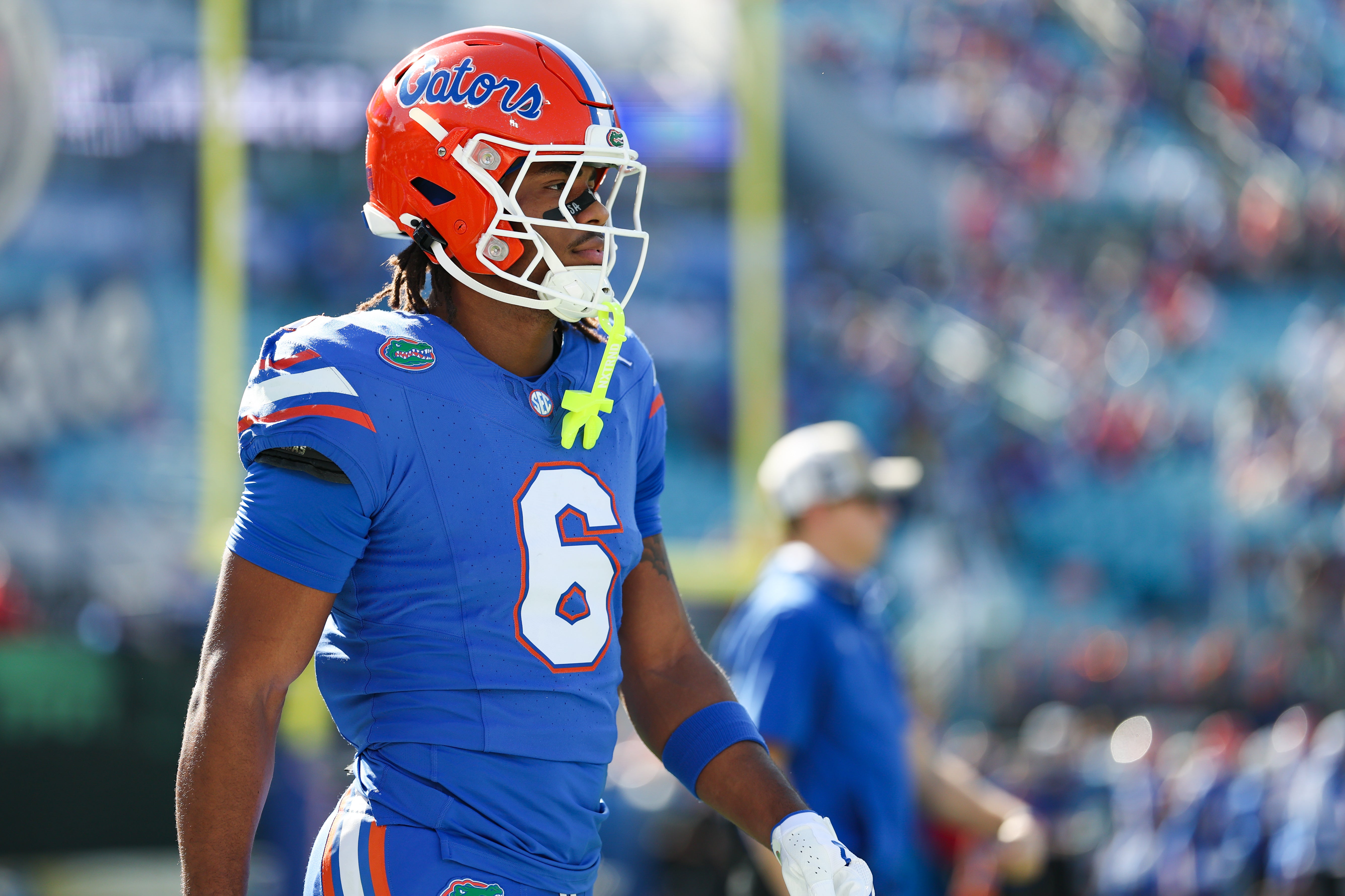 Nov 1, 2025; Jacksonville, Florida, USA; Florida Gators wide receiver Dallas Wilson (6) looks on in the first half against the Georgia Bulldogs at EverBank Stadium.