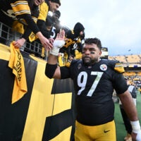 Nov 2, 2025; Pittsburgh, Pennsylvania, USA; Pittsburgh Steelers defensive tackle Cameron Heyward (97) greets fans after he game against the Indianapolis Colts at Acrisure Stadium.