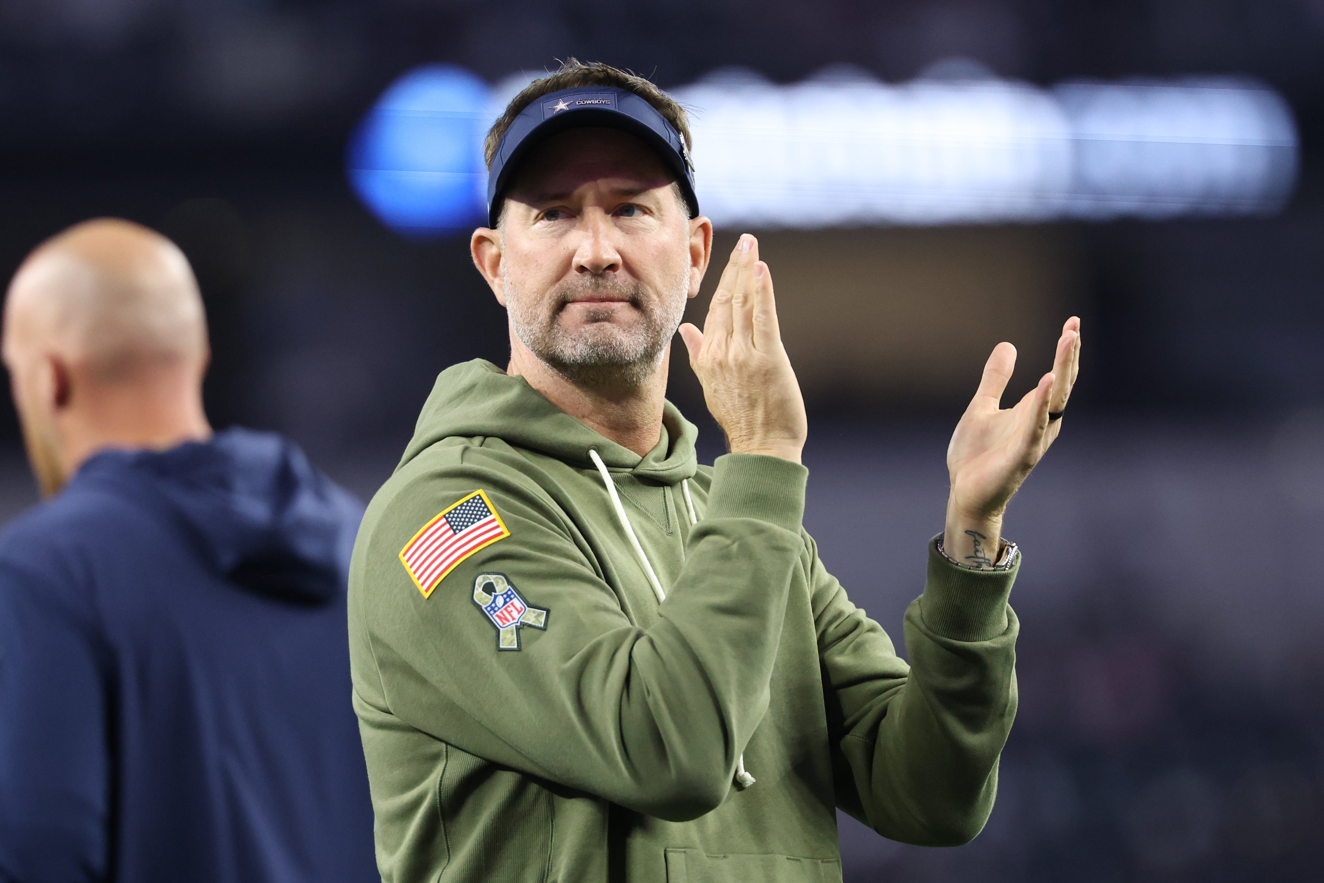 Nov 3, 2025; Arlington, Texas, USA; Dallas Cowboys head coach Brian Schottenheimer looks on before the game against the Arizona Cardinals at AT&T Stadium.