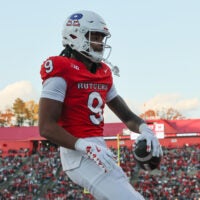 Nov 8, 2025; Piscataway, New Jersey, USA; Rutgers Scarlet Knights wide receiver Ian Strong (9) celebrates after a touchdown reception during the first half against the Maryland Terrapins at SHI Stadium. Mandatory Credit: Vincent Carchietta-Imagn Images