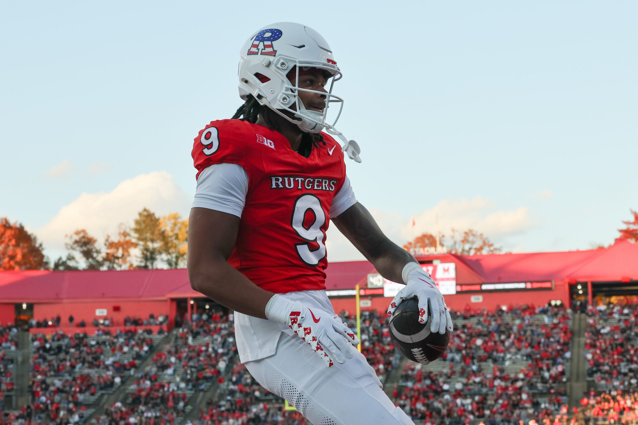 Nov 8, 2025; Piscataway, New Jersey, USA; Rutgers Scarlet Knights wide receiver Ian Strong (9) celebrates after a touchdown reception during the first half against the Maryland Terrapins at SHI Stadium. Mandatory Credit: Vincent Carchietta-Imagn Images