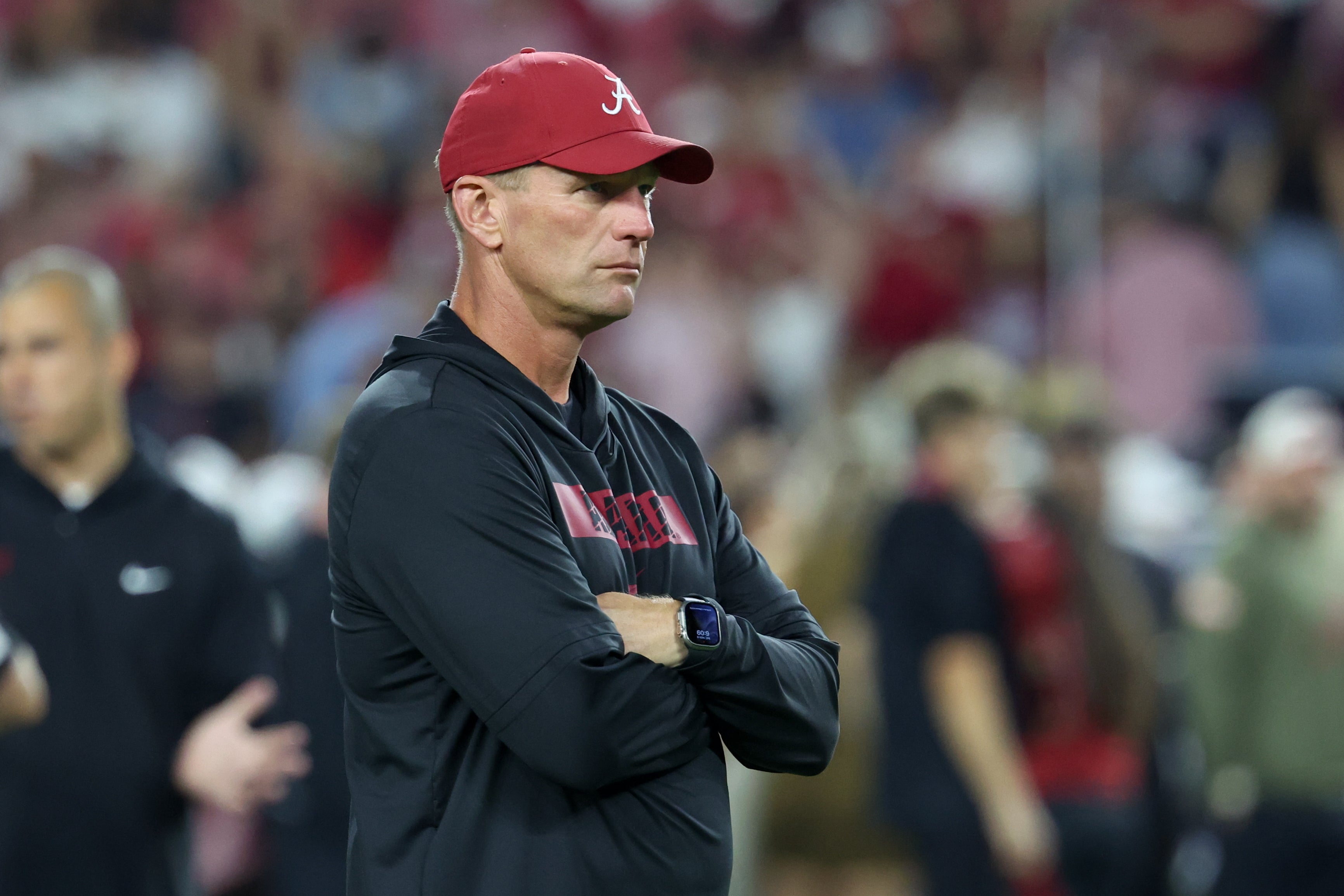 Nov 8, 2025; Tuscaloosa, Alabama, USA; Alabama Crimson Tide head coach Kalen Deboer looks on during warmups prior to the game against the Louisiana State Tigers at Saban Field at Bryant-Denny Stadium.