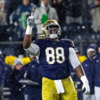 Nov 8, 2025; South Bend, Indiana, USA; Notre Dame Fighting Irish defensive lineman Armel Mukam (88) celebrates making a stop against the Navy Midshipmen during the second half at Notre Dame Stadium. Mandatory Credit: Michael Caterina-Imagn Images