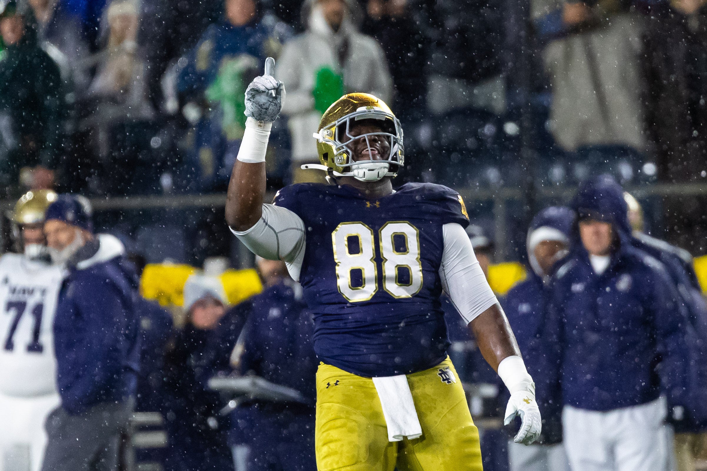 Nov 8, 2025; South Bend, Indiana, USA; Notre Dame Fighting Irish defensive lineman Armel Mukam (88) celebrates making a stop against the Navy Midshipmen during the second half at Notre Dame Stadium. Mandatory Credit: Michael Caterina-Imagn Images