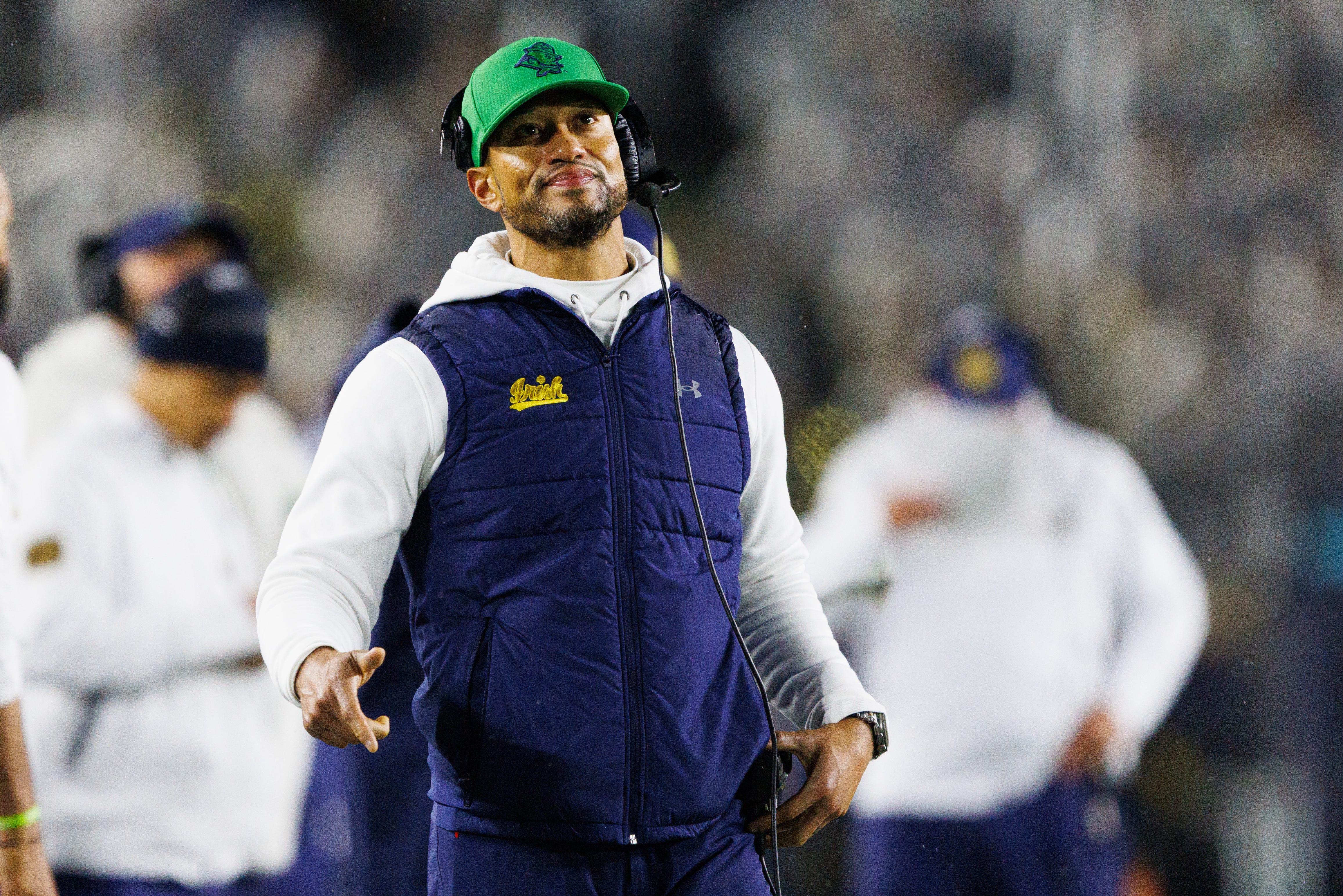Notre Dame head coach Marcus Freeman looks on during the first half of a NCAA football game against Navy at Notre Dame Stadium on Saturday, Nov. 8, 2025, in South Bend.