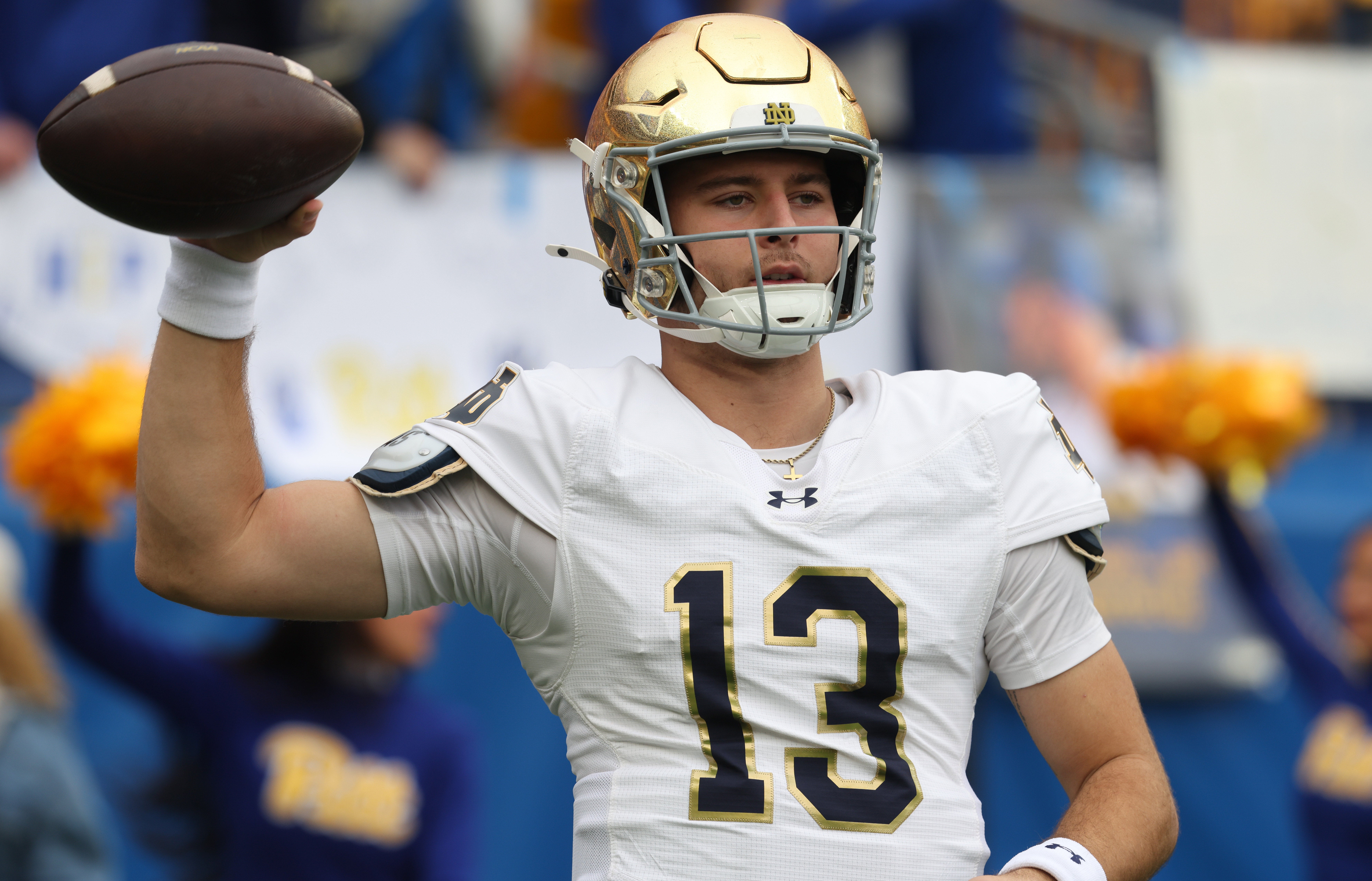 Nov 15, 2025; Pittsburgh, Pennsylvania, USA; Notre Dame Fighting Irish quarterback CJ Carr (13) warms up before the game against the Pittsburgh Panthers at Acrisure Stadium. Mandatory Credit: Charles LeClaire-Imagn Images