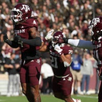 Nov 15, 2025; College Station, Texas, USA; Texas A&M Aggies cornerback Will Lee III (4) reacts after making a play during the fourth quarter against the South Carolina Gamecocks at Kyle Field.