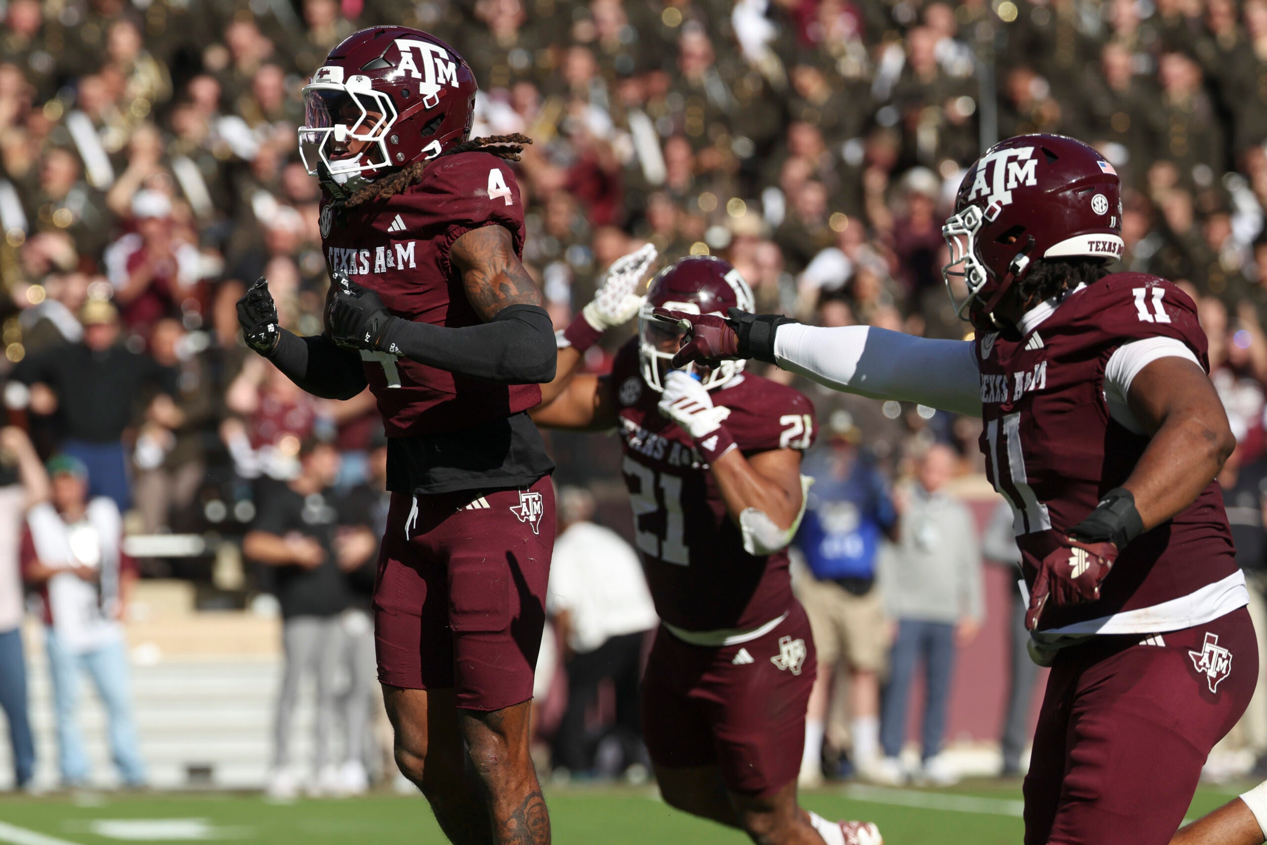 Nov 15, 2025; College Station, Texas, USA; Texas A&M Aggies cornerback Will Lee III (4) reacts after making a play during the fourth quarter against the South Carolina Gamecocks at Kyle Field.