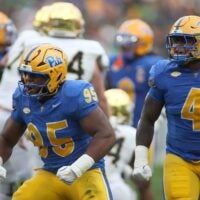 Pittsburgh Panthers defensive lineman Francis Brewu (95) reacts after sacking Notre Dame Fighting Irish quarterback CJ Carr (13) during the first half at Acrisure Stadium in Pittsburgh, PA on November 15, 2025.