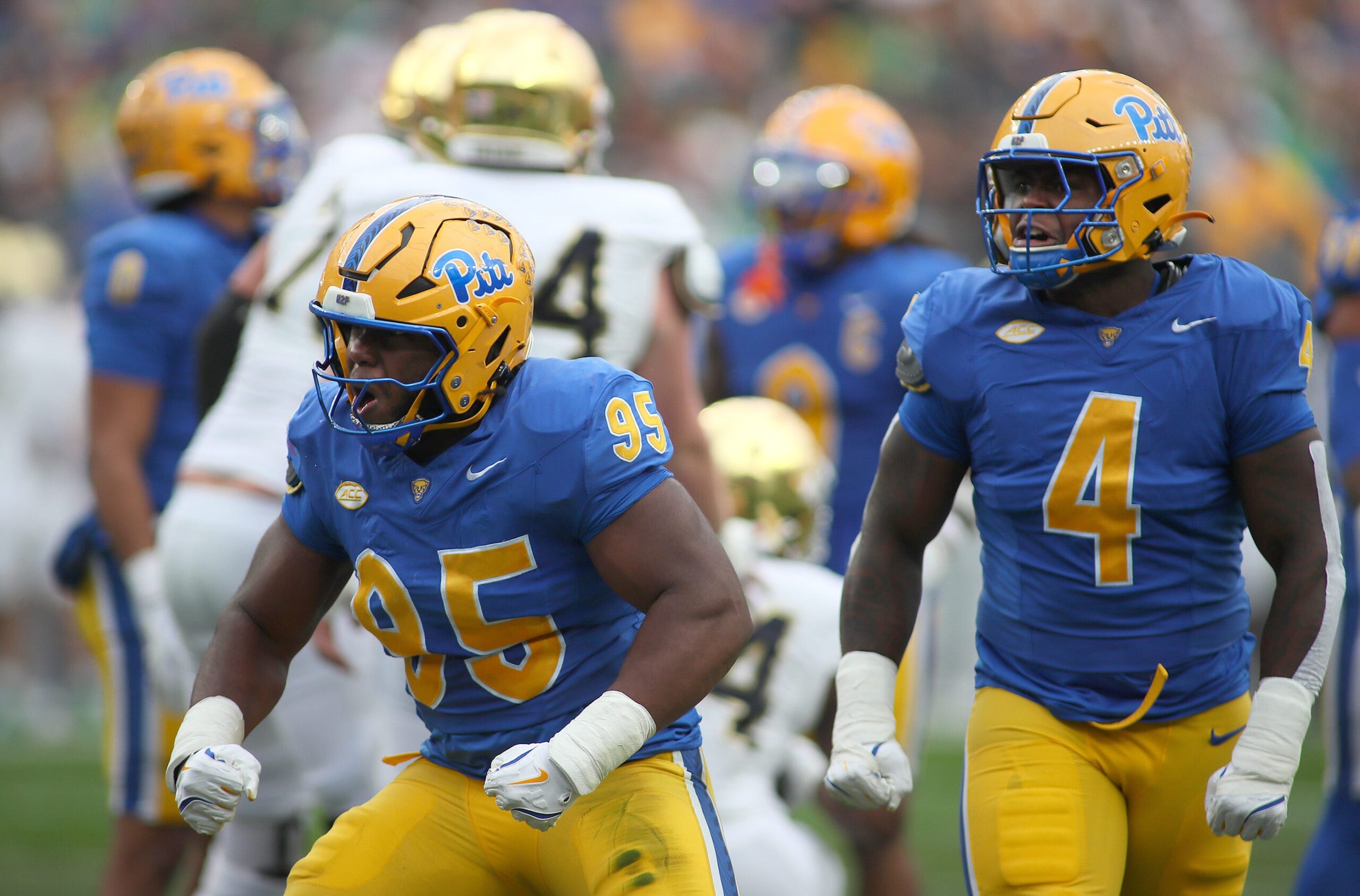Pittsburgh Panthers defensive lineman Francis Brewu (95) reacts after sacking Notre Dame Fighting Irish quarterback CJ Carr (13) during the first half at Acrisure Stadium in Pittsburgh, PA on November 15, 2025.