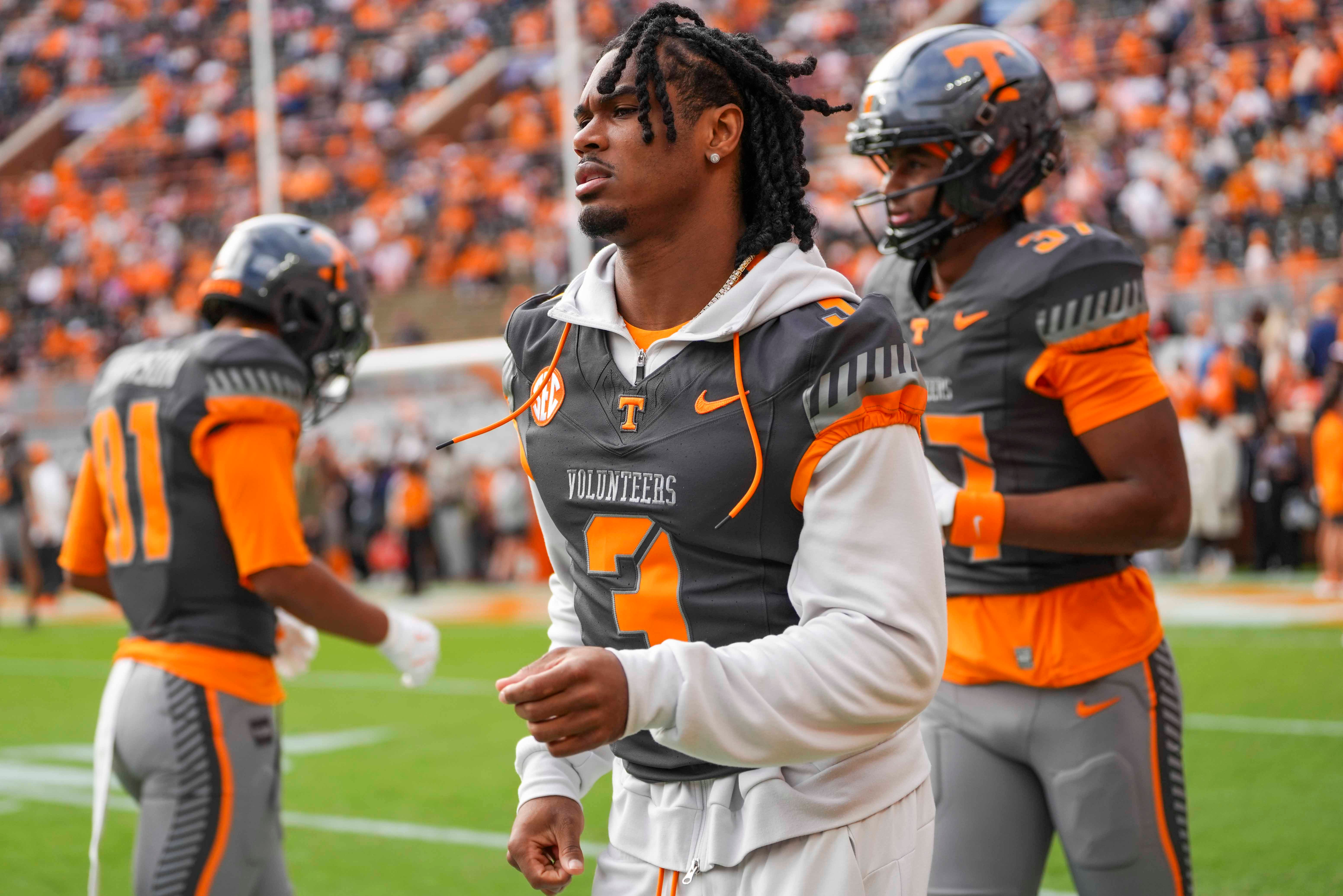 Tennessee defensive back Jermod McCoy (3) jogs during warm-ups before a NCAA football game between Tennessee Volunteers and New Mexico State Aggies at Neyland Stadium in Knoxville, Tenn., on Nov. 15, 2025.