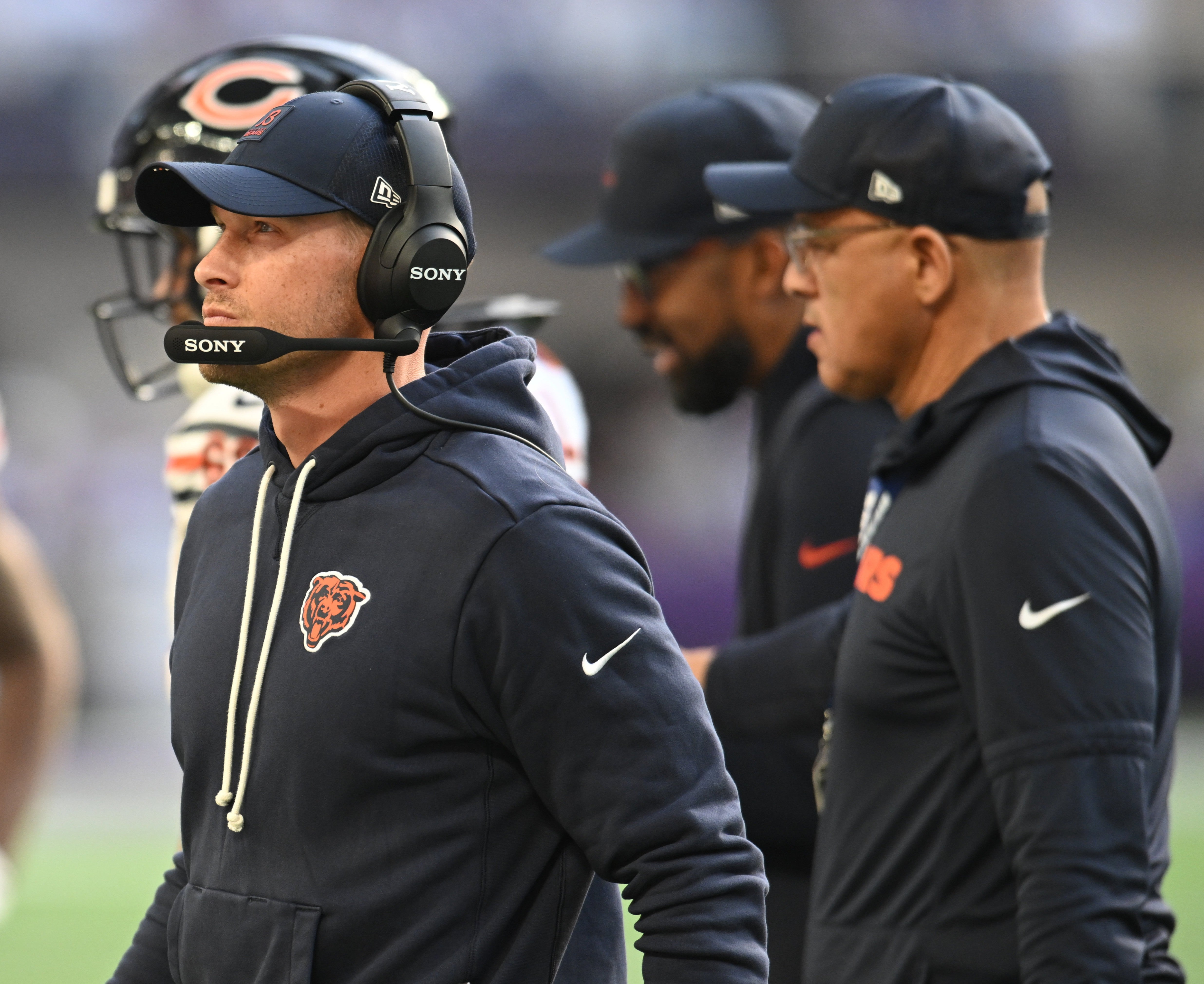 Nov 16, 2025; Minneapolis, Minnesota, USA; Chicago Bears head coach Ben Johnson walks the sideline during the second quarter against the Minnesota Vikings at U.S. Bank Stadium.