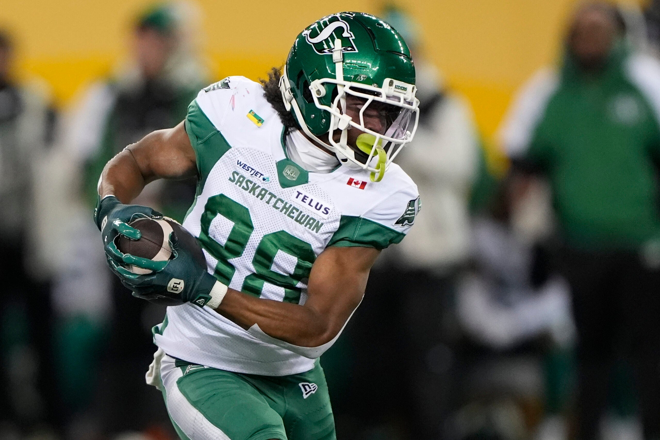 Nov 16, 2025; Winnipeg, Manitoba, Canada; Saskatchewan Roughriders wide receiver Dohnte Meyers (88) runs with the ball during the first quarter against the Montreal Alouettes during the 112th Grey Cup Championship at Princess Auto Stadium.