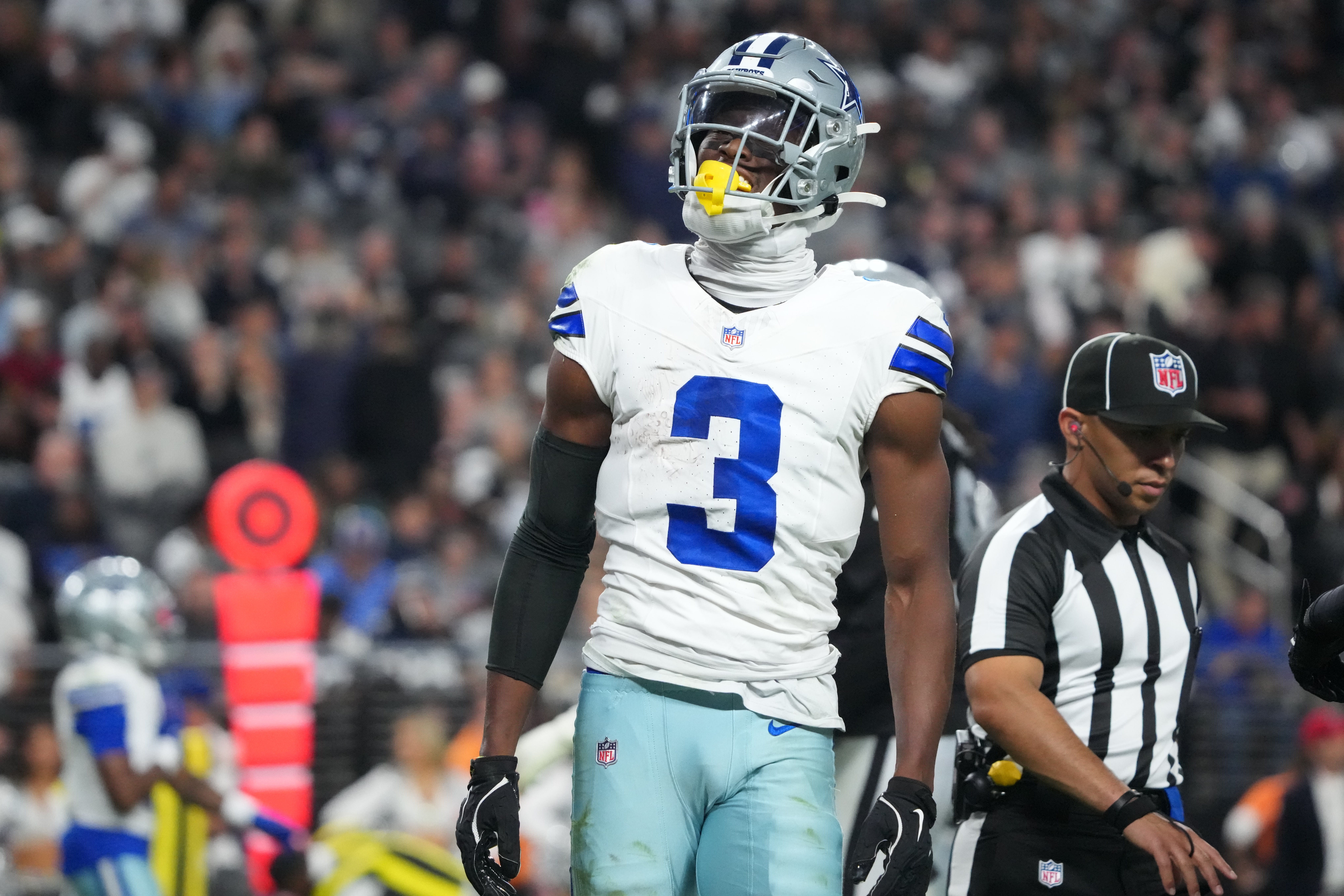Nov 17, 2025; Paradise, Nevada, USA; Dallas Cowboys wide receiver George Pickens (3) reacts after making a catch against the Las Vegas Raiders during the second half at Allegiant Stadium.