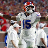 Nov 15, 2025; Oxford, Mississippi, USA; Florida Gators linebacker Jayden Woods (15) reacts after a pass break up during the fourth quarter against the Mississippi Rebels at Vaught-Hemingway Stadium.