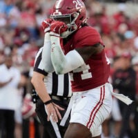 Nov 22, 2025; Tuscaloosa, Alabama, USA; Alabama linebacker Noah Carter (24) celebrates after making a tackle for a loss at Saban Field at Bryant-Denny Stadium.