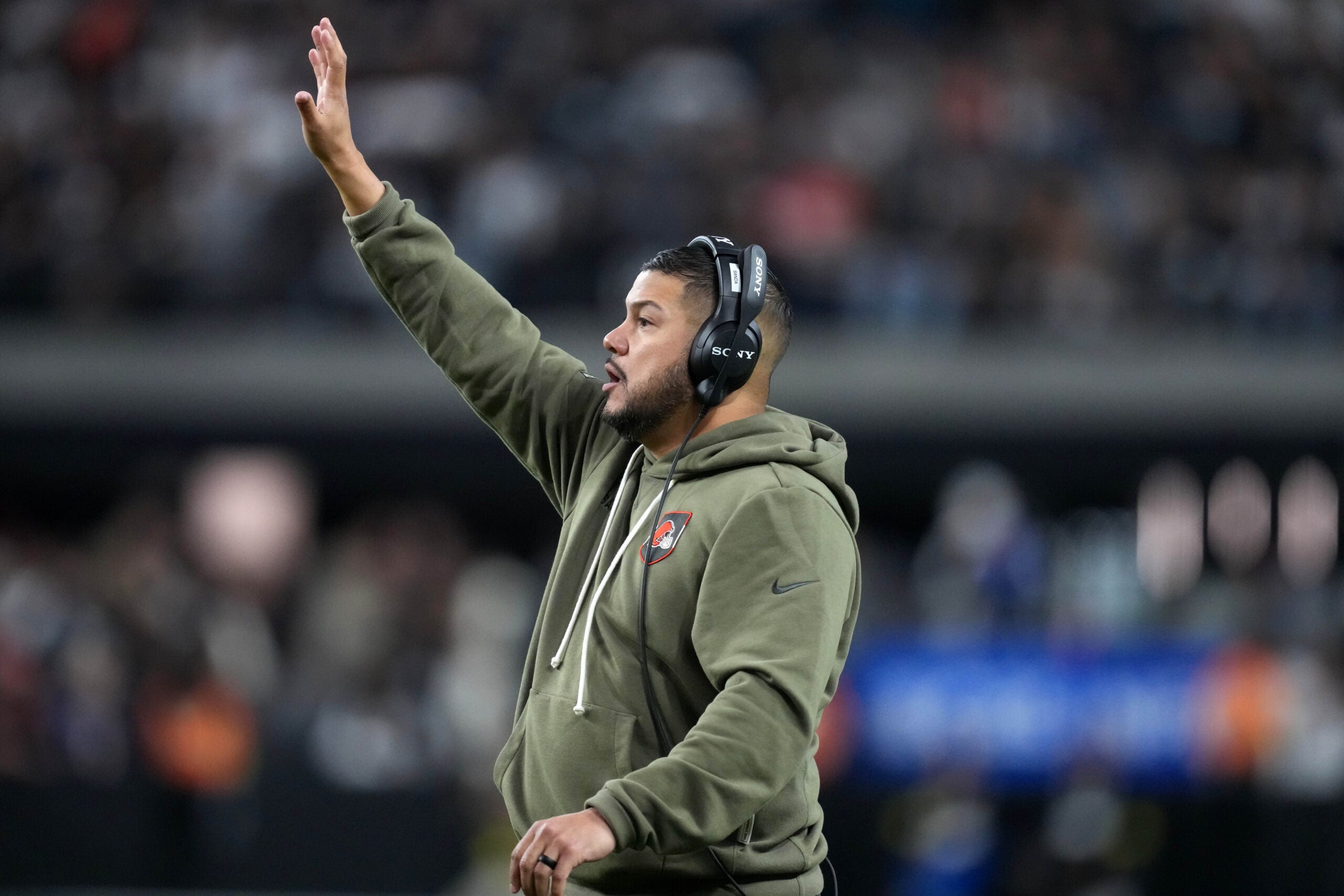Nov 23, 2025; Paradise, Nevada, USA; Cleveland Browns safety coach Ephraim Banda gestures against the Las Vegas Raiders in the second half at Allegiant Stadium.