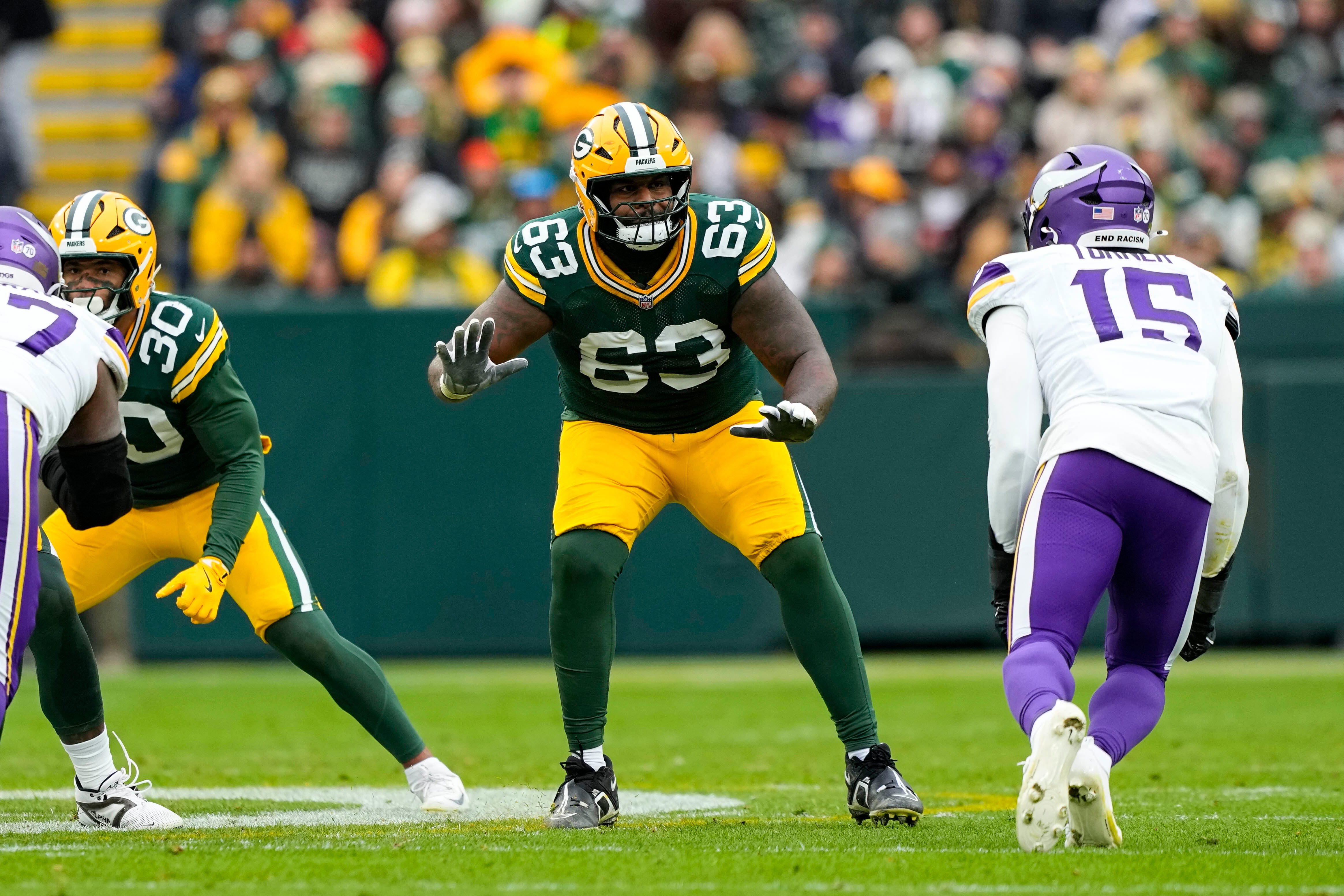 Nov 23, 2025; Green Bay, Wisconsin, USA; Green Bay Packers offensive tackle Rasheed Walker (63) during the game against the Minnesota Vikings at Lambeau Field.