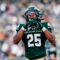 Nov 28, 2025; Fort Collins, Colorado, USA; Colorado State Rams running back Lloyd Avant (25) celebrates after his touchdown in the third quarter against the Air Force Falcons at Sonny Lubick Field at Canvas Stadium.
