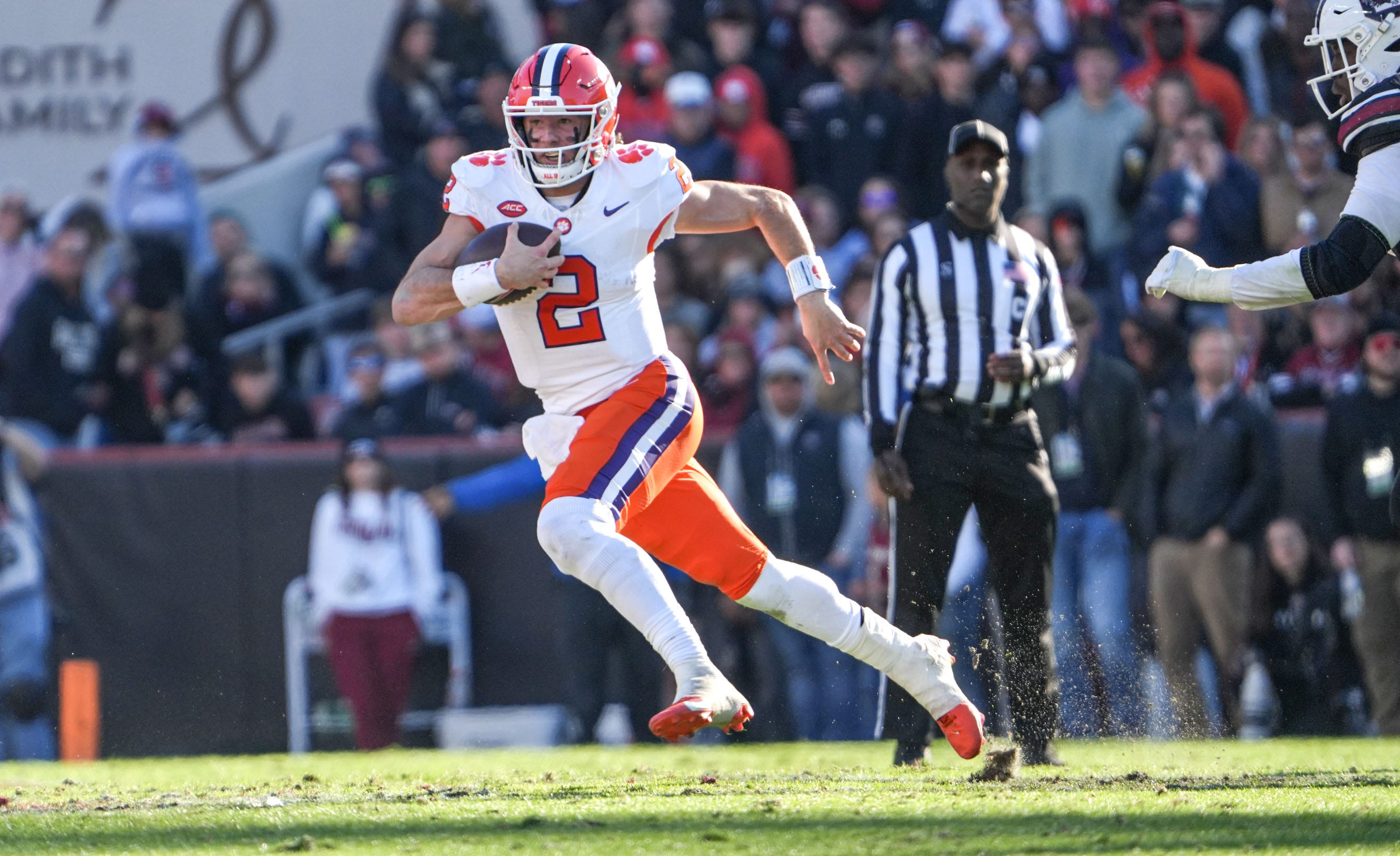 Clemson quarterback Cade Klubnik (2) runs against South Carolina during the fourth quarter at Williams-Brice Stadium in Columbia, S.C. Saturday, November 29, 2025.