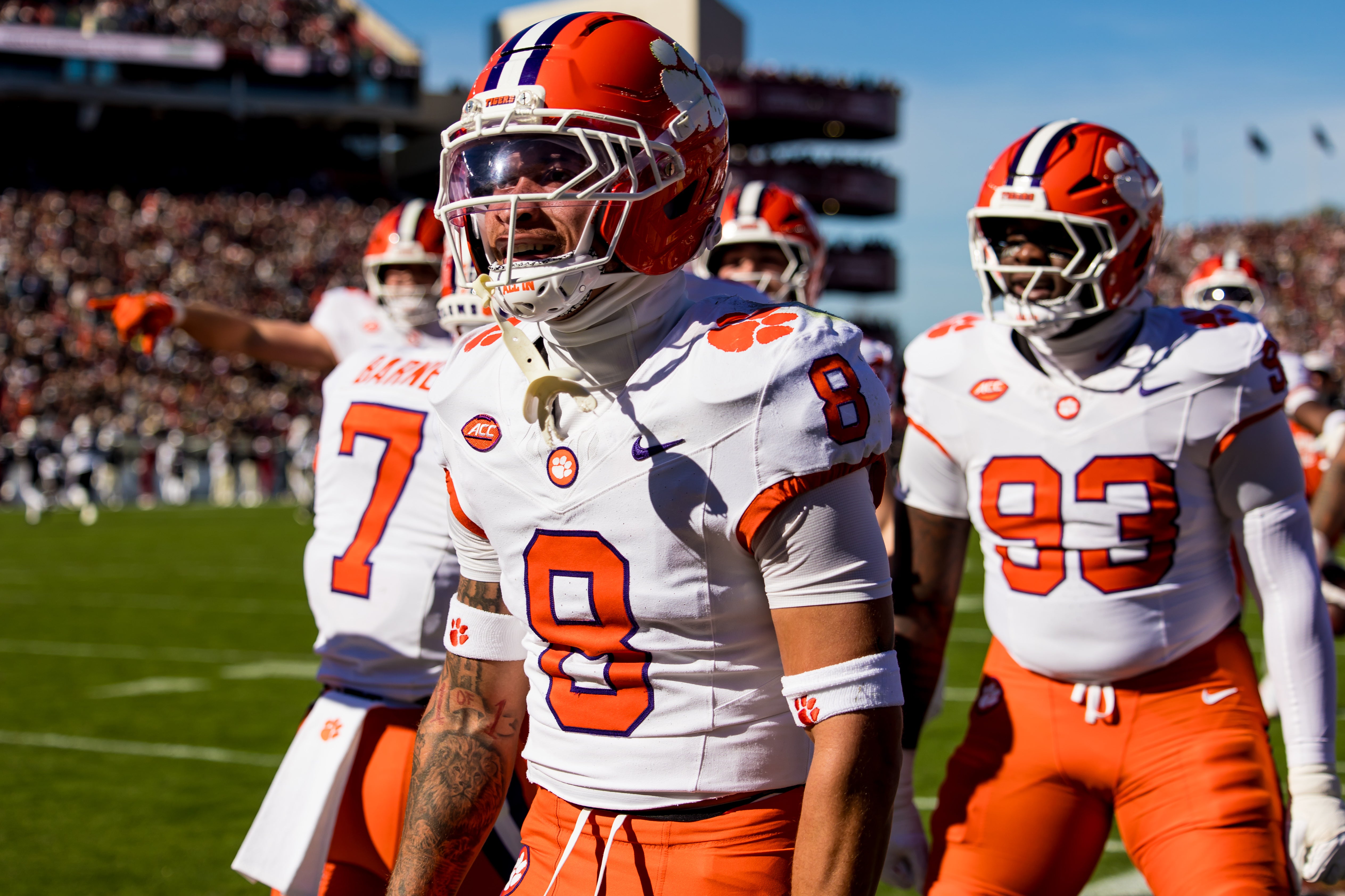 Nov 29, 2025; Columbia, South Carolina, USA; Clemson Tigers cornerback Avieon Terrell (8) celebrates a play against the South Carolina Gamecocks in the first quarter at Williams-Brice Stadium.