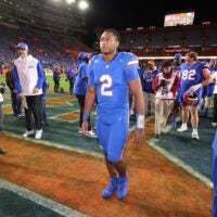 Florida quarterback DJ Lagway (2) leaves the field after beating Florida State 40-21 during an NCAA football game at Steve Spurrier Field at Ben Hill Griffin Stadium in Gainesville, FL on Saturday, November 29, Florida beat Florida State 40-21.2025.