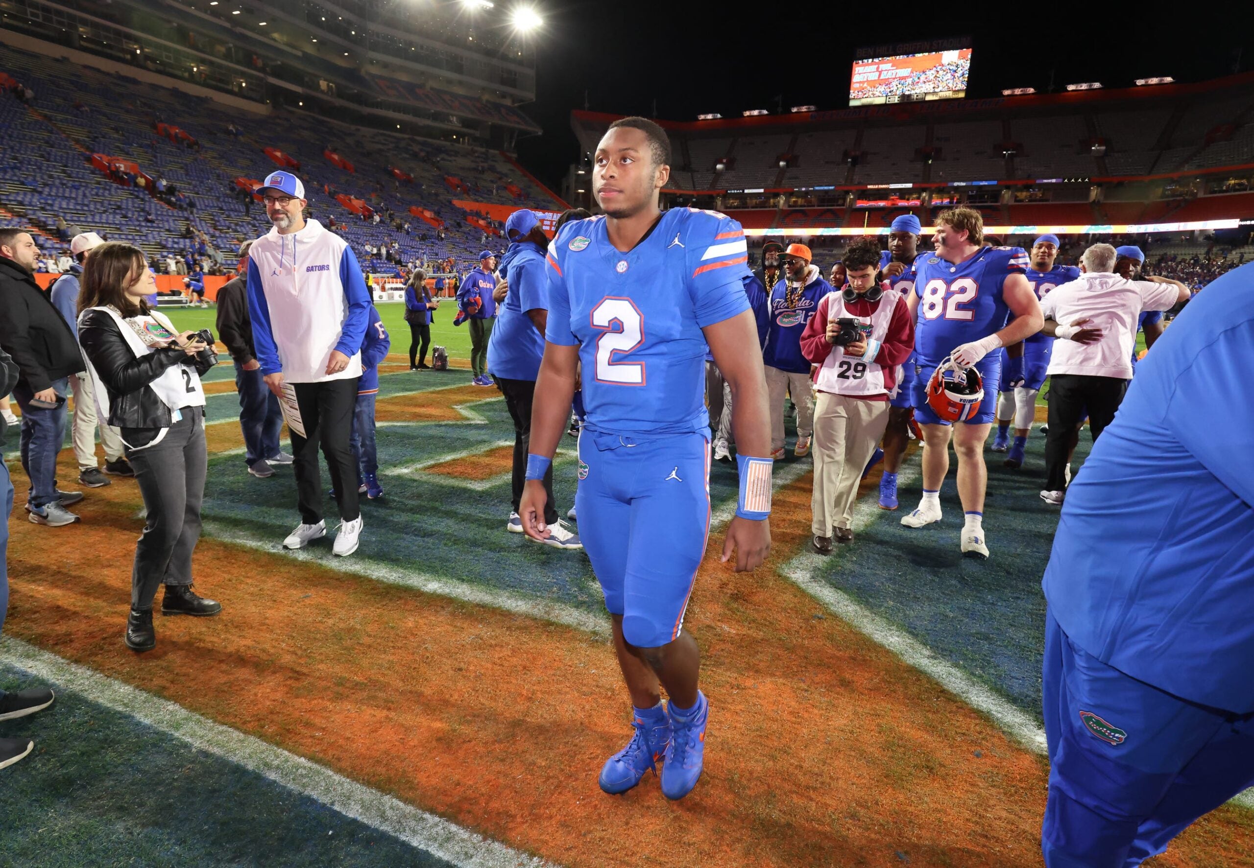 Florida quarterback DJ Lagway (2) leaves the field after beating Florida State 40-21 during an NCAA football game at Steve Spurrier Field at Ben Hill Griffin Stadium in Gainesville, FL on Saturday, November 29, Florida beat Florida State 40-21.2025.