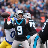 Nov 30, 2025; Charlotte, North Carolina, USA; Carolina Panthers quarterback Bryce Young (9) throws a pass during the first quarter against the Los Angeles Rams at Bank of America Stadium.
