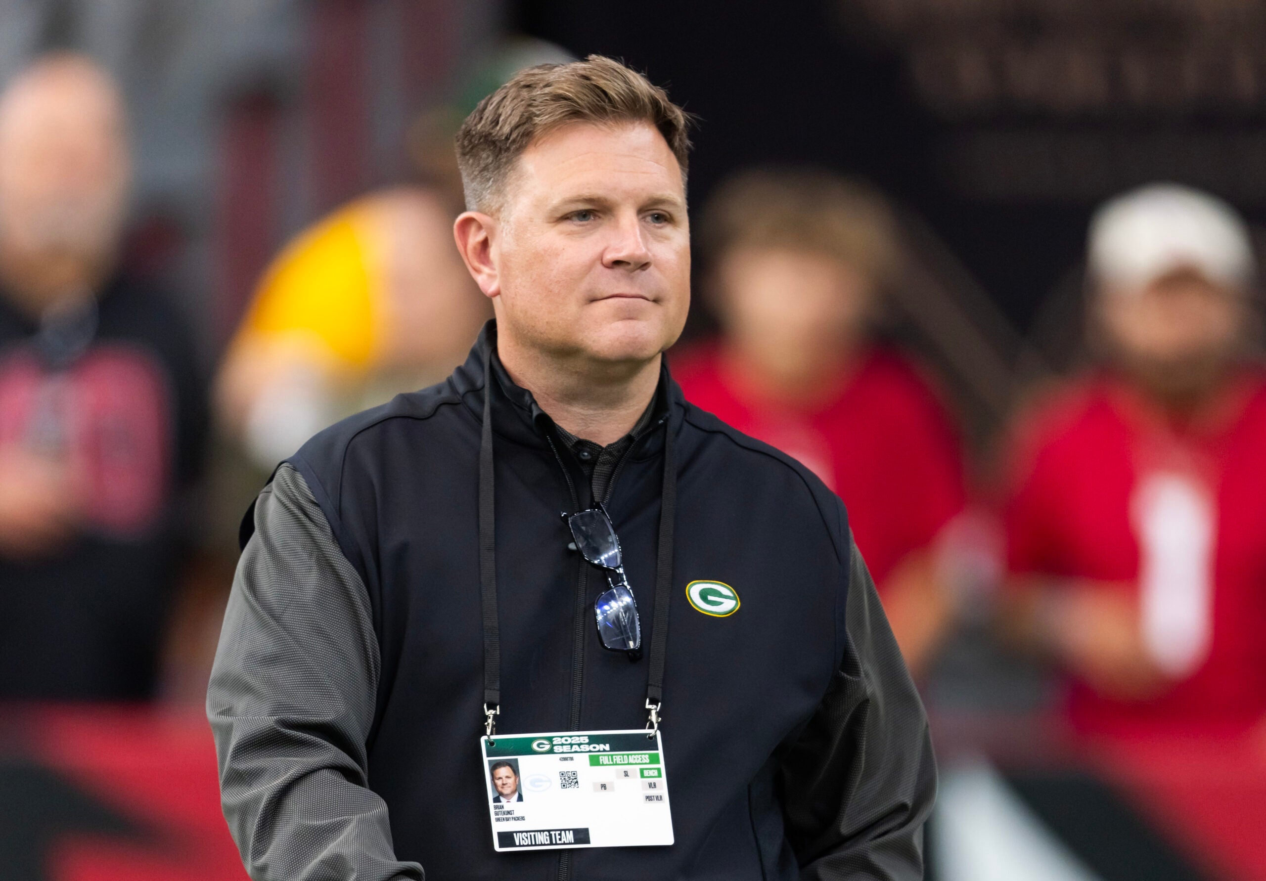 Oct 19, 2025; Glendale, Arizona, USA; Green Bay Packers general manager Brian Gutekunst against the Arizona Cardinals at State Farm Stadium.