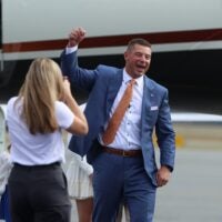 New UF head football coach Jon Sumrall and his family lands at University Air Center in Gainesville, FL on Monday, December 1, 2025. The coach will replace the recently fired Billy Napier.
