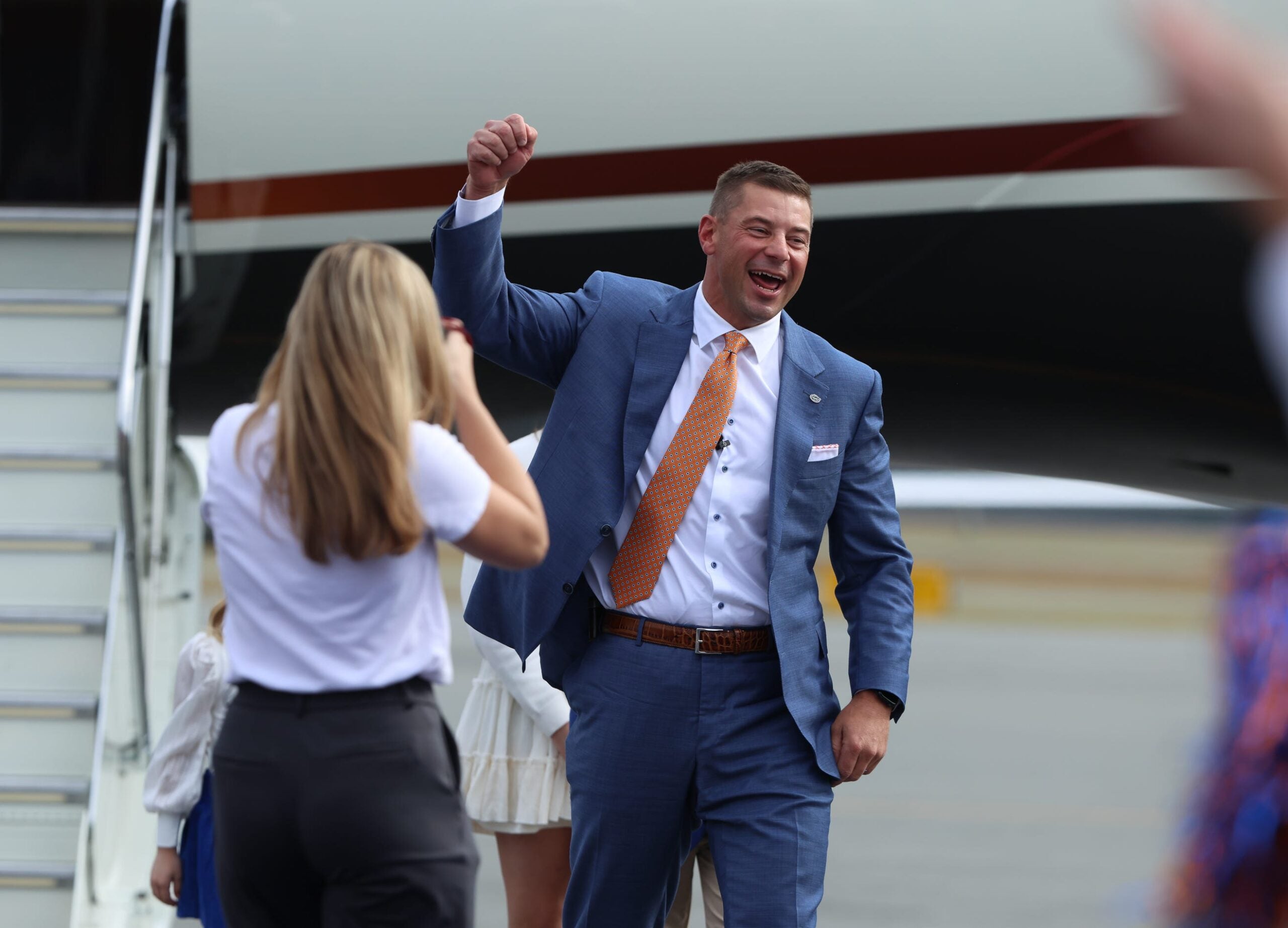New UF head football coach Jon Sumrall and his family lands at University Air Center in Gainesville, FL on Monday, December 1, 2025. The coach will replace the recently fired Billy Napier.