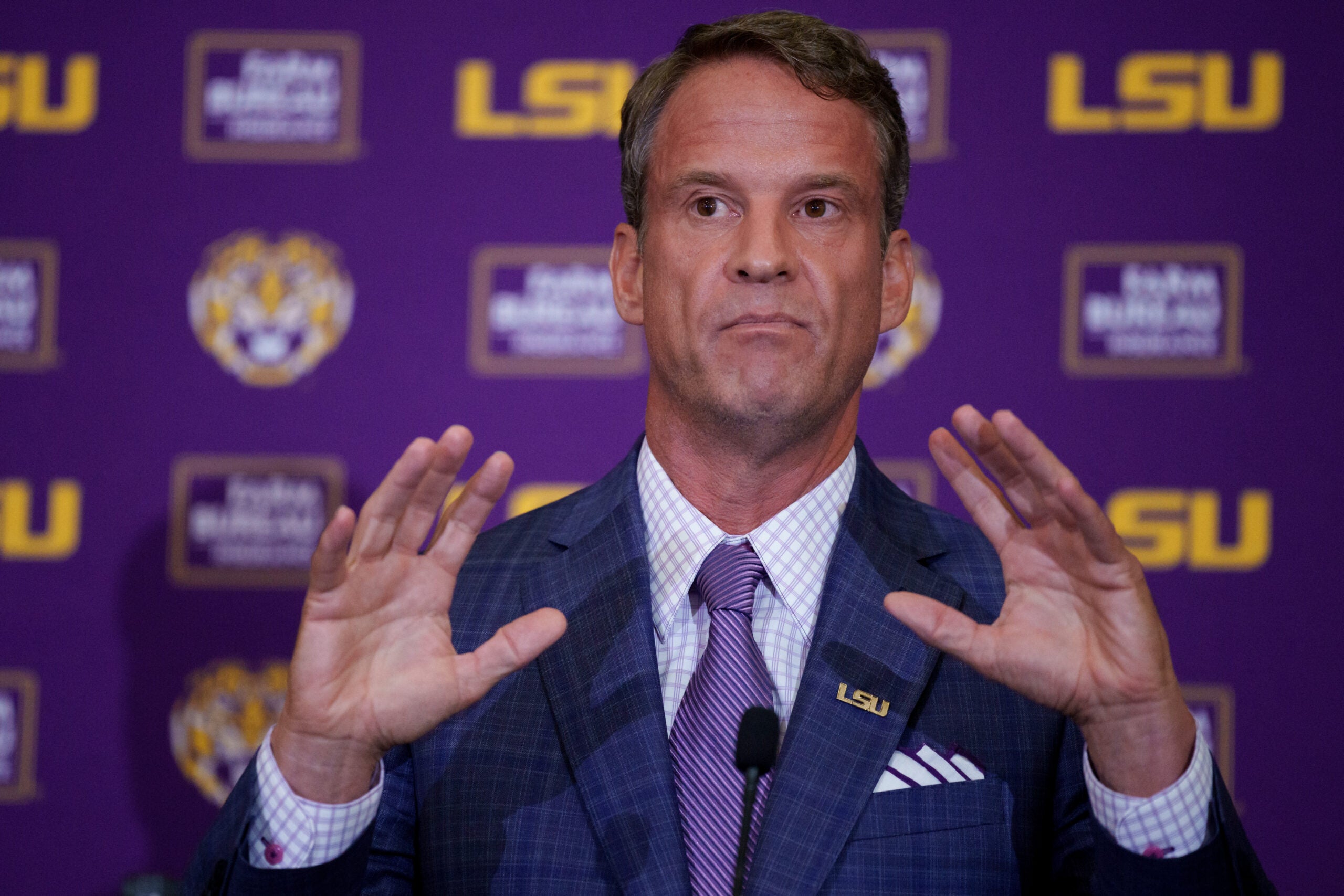 Dec 1, 2025; Baton Rouge, LA, USA; LSU new head coach Lane Kiffin speaks at South Stadium Club at Tiger Stadium. Mandatory Credit: Matthew Hinton-Imagn Images