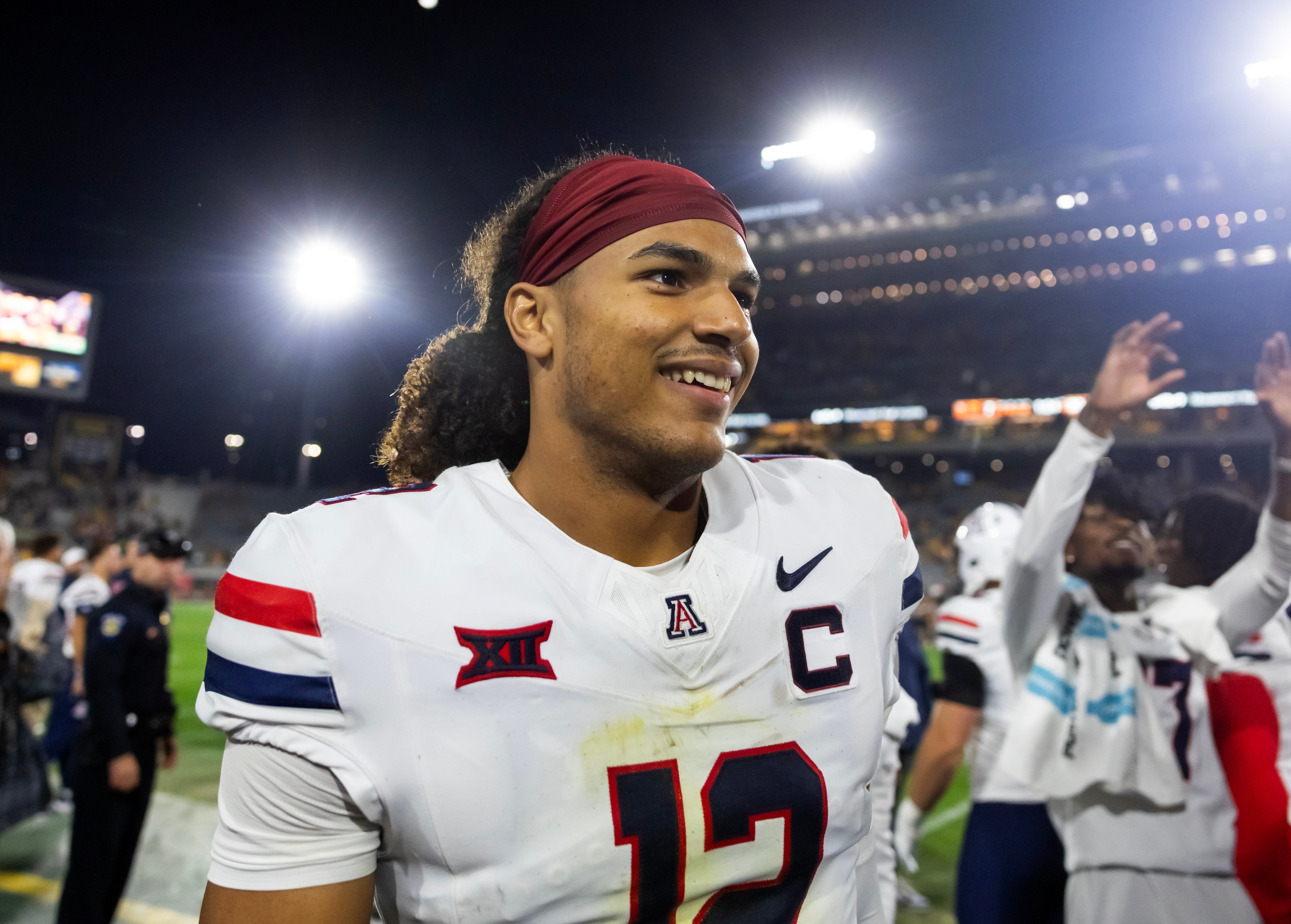 Nov 28, 2025; Tempe, Arizona, USA; Arizona Wildcats defensive back Genesis Smith (12) against the Arizona State Sun Devils during the 99th Territorial Cup at Mountain America Stadium.