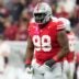 Ohio State Buckeyes defensive tackle Kayden McDonald (98) celebrates during the first half of the Big Ten Conference championship game against the Indiana Hoosiers at Lucas Oil Stadium in Indianapolis on Dec. 6, 2025.