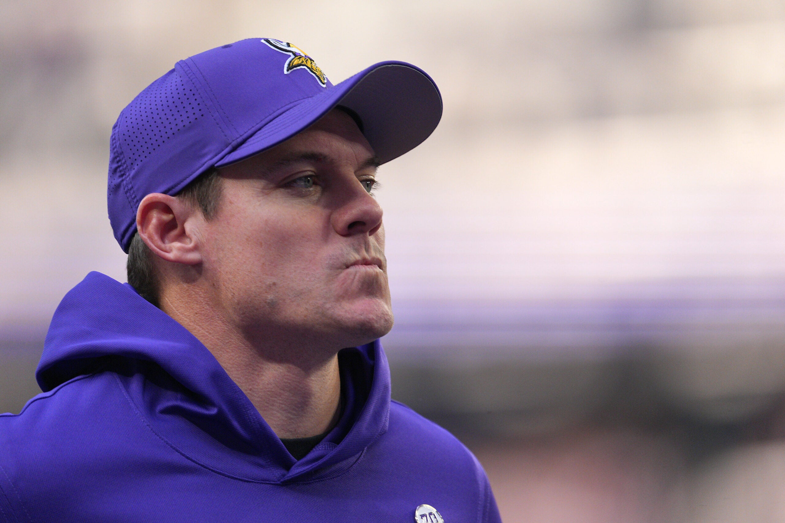 Dec 7, 2025; Minneapolis, Minnesota, USA; Minnesota Vikings head coach Kevin O'Connell during the first half at U.S. Bank Stadium.