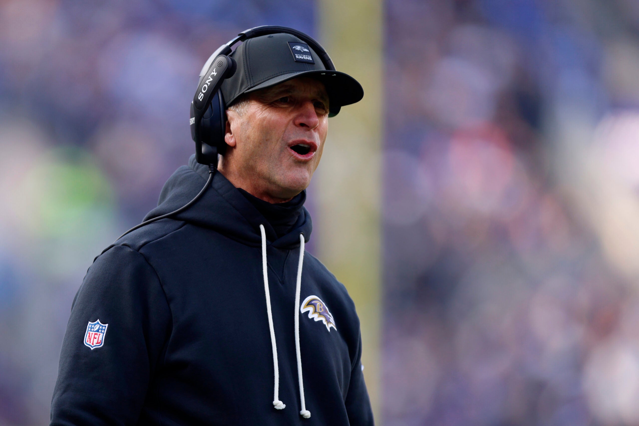 Dec 7, 2025; Baltimore, Maryland, USA; Baltimore Ravens head coach John Harbaugh reacts after a call following a play against the Pittsburgh Steelers during the first half at M&T Bank Stadium.