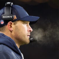 Dec 7, 2025; Green Bay, Wisconsin, USA; Chicago Bears head coach Ben Johnson looks on during the second quarter against the Green Bay Packers at Lambeau Field.