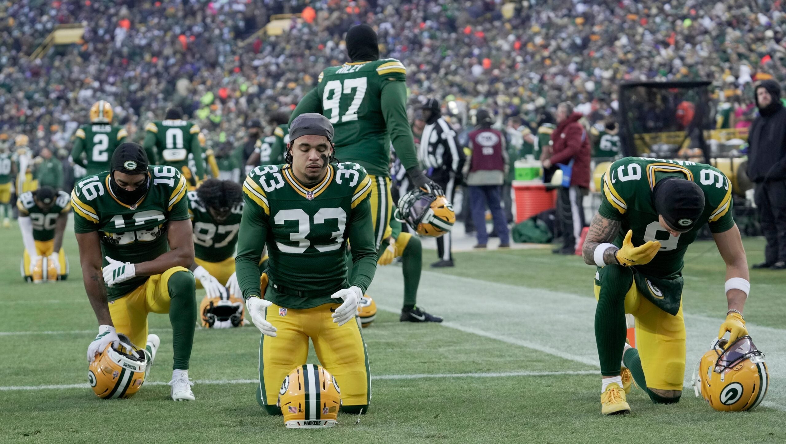 Green Bay Packers safety Evan Williams (33) takes a moment before their game Sunday, December 7, 2025 at Lambeau Field in Green Bay, Wisconsin. The Green Bay Packers beat the Chicago Bears 28-21.
