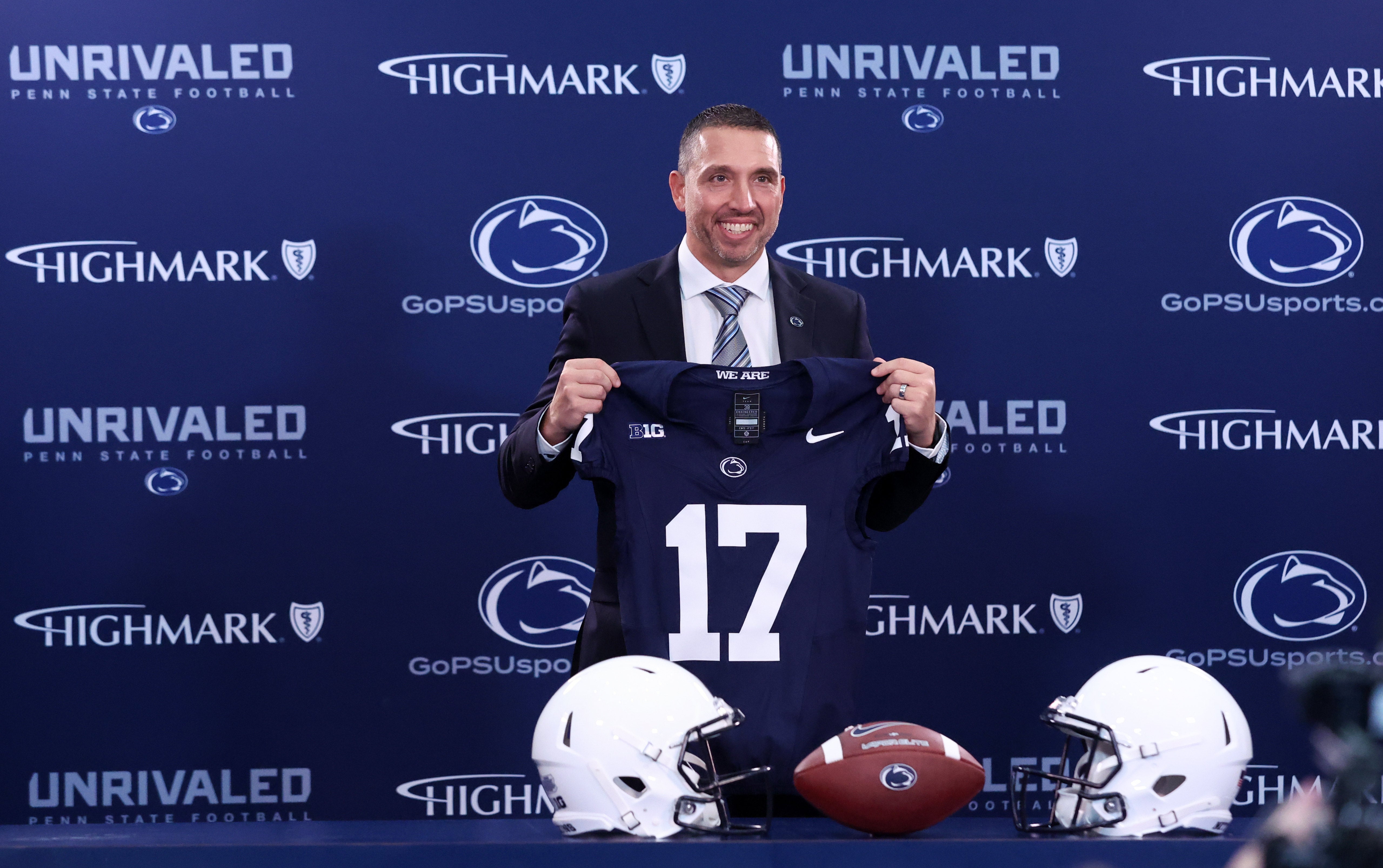 Dec 8, 2025; University Park, PA, USA; Matt Campbell poses for a photo after being announced as the Penn State Nittany Lions new head coach during a press conference at the Beaver Stadium Press Room. Mandatory Credit: Matthew O'Haren-Imagn Images