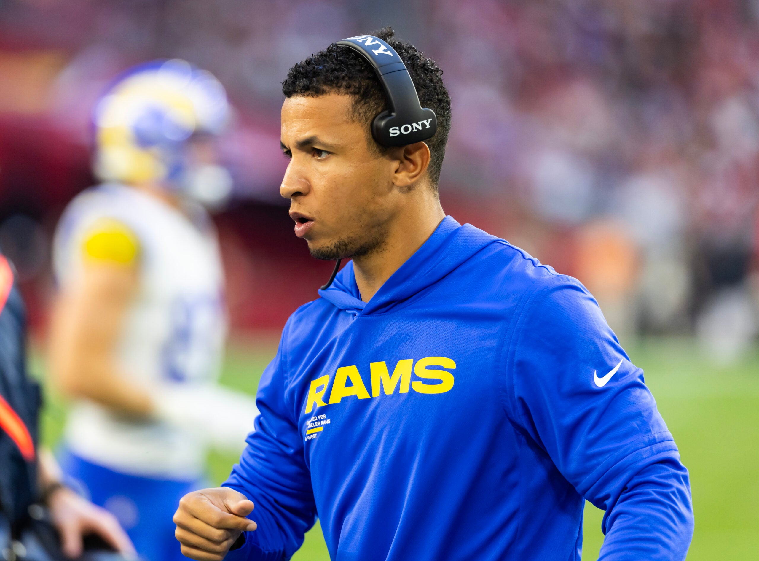 Dec 7, 2025; Glendale, Arizona, USA; Los Angeles Rams pass game coordinator Nate Scheelhaase against the Arizona Cardinals at State Farm Stadium.