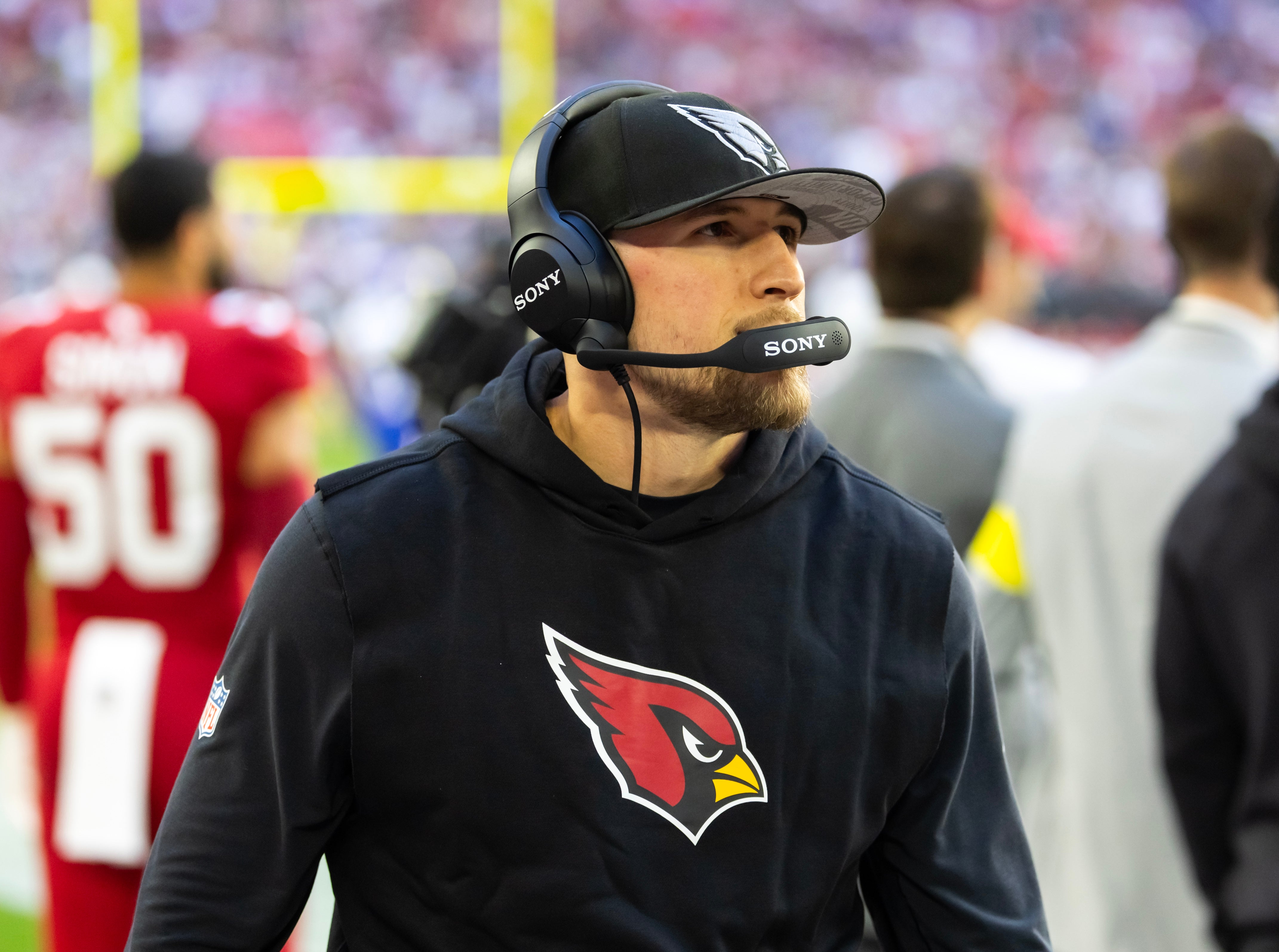 Dec 7, 2025; Glendale, Arizona, USA; Arizona Cardinals defensive coordinator Nick Rallis against the Los Angeles Rams at State Farm Stadium.