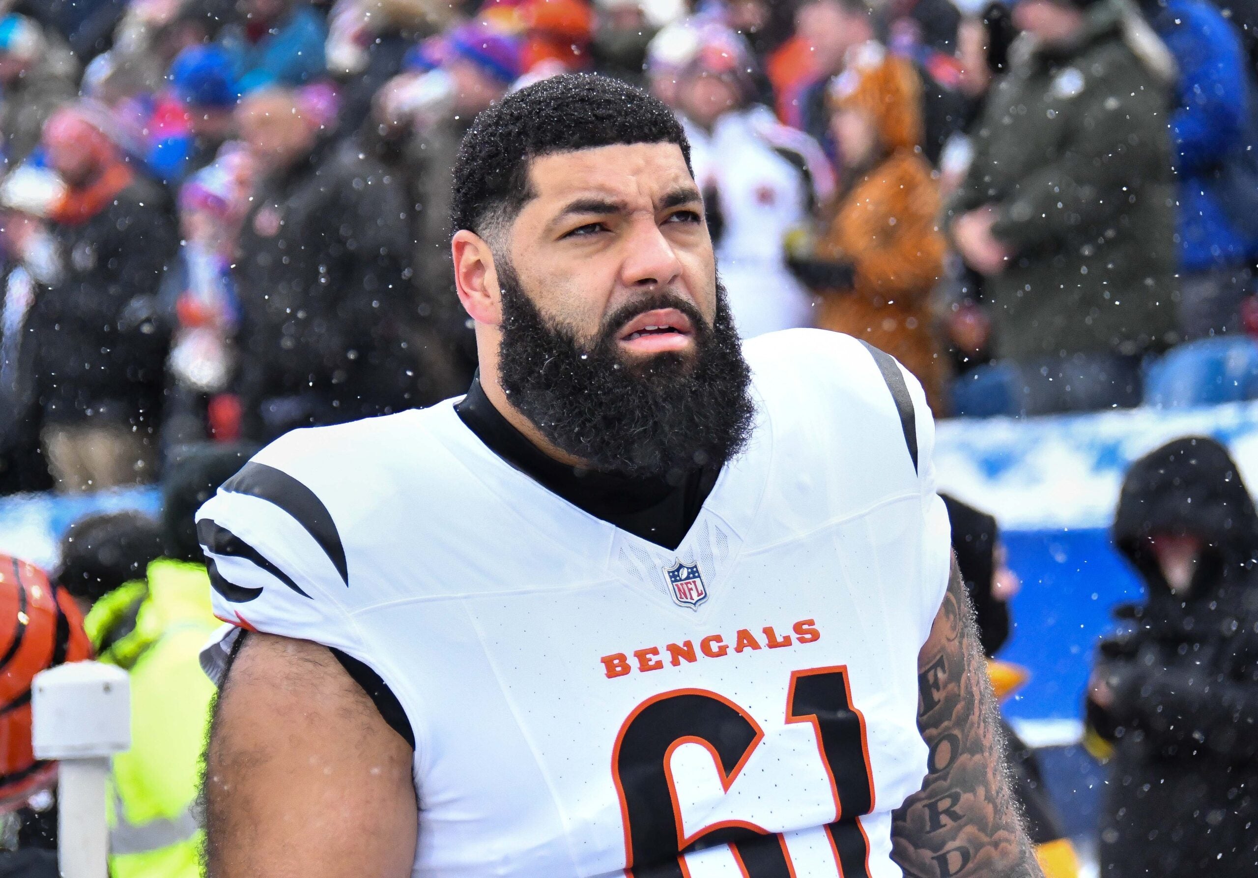 Dec 7, 2025; Orchard Park, New York, USA; Cincinnati Bengals guard Cody Ford (61) on the sidelines before a game against the Buffalo Bills at Highmark Stadium.