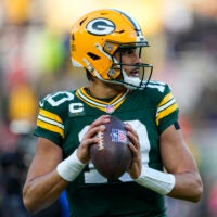 Dec 7, 2025; Green Bay, Wisconsin, USA; Green Bay Packers quarterback Jordan Love (10) during warmups prior to the game against the Chicago Bears at Lambeau Field.