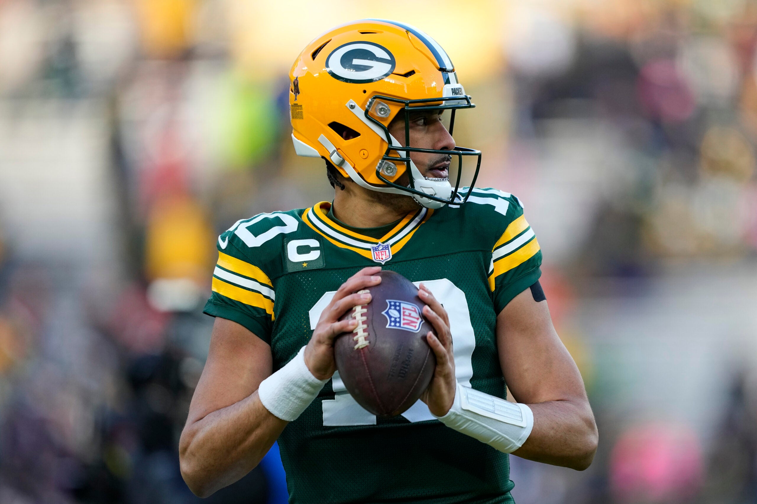 Dec 7, 2025; Green Bay, Wisconsin, USA; Green Bay Packers quarterback Jordan Love (10) during warmups prior to the game against the Chicago Bears at Lambeau Field.