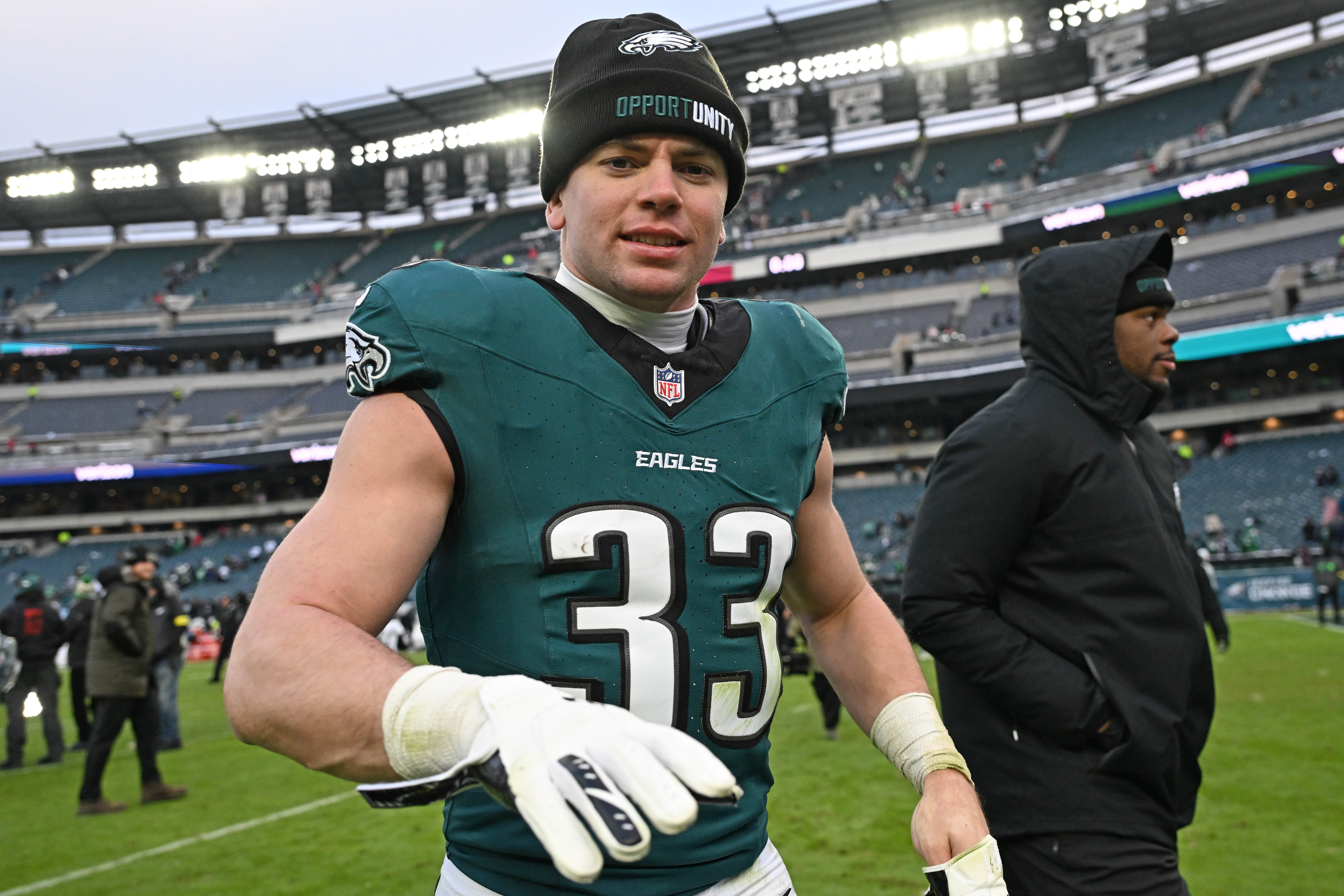 Dec 14, 2025; Philadelphia, Pennsylvania, USA; Philadelphia Eagles cornerback Cooper Dejean (33) walks off the field after win against the Las Vegas Raiders at Lincoln Financial Field.
